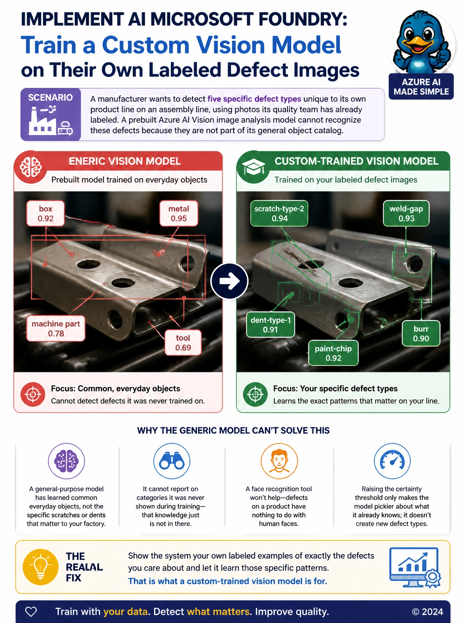 Two-panel comparison: left panel shows a generic vision model tagging a product photo with everyday labels like box and metal; right panel shows a custom-trained model tagging the same photo with specific labels like scratch-type-2 and weld-gap, illustrating generic versus domain-trained recognition.