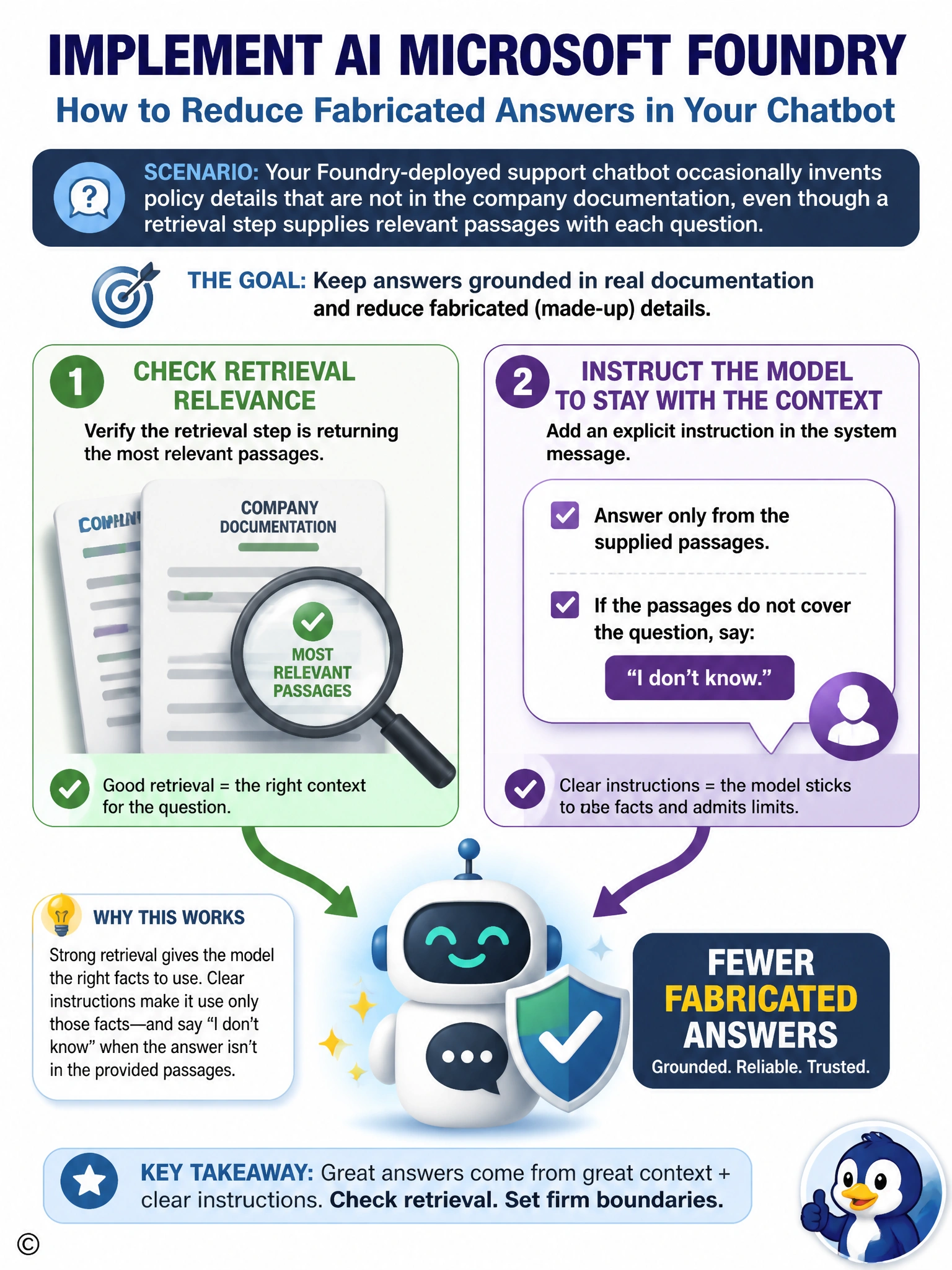 Two-panel diagram: panel one shows a magnifying glass over a document stack labeled 'check retrieval relevance'; panel two shows a speech bubble with a checklist labeled 'answer only from context, say I don't know'. Both arrows converge into a chatbot icon with a shield labeled 'fewer fabricated answers'.