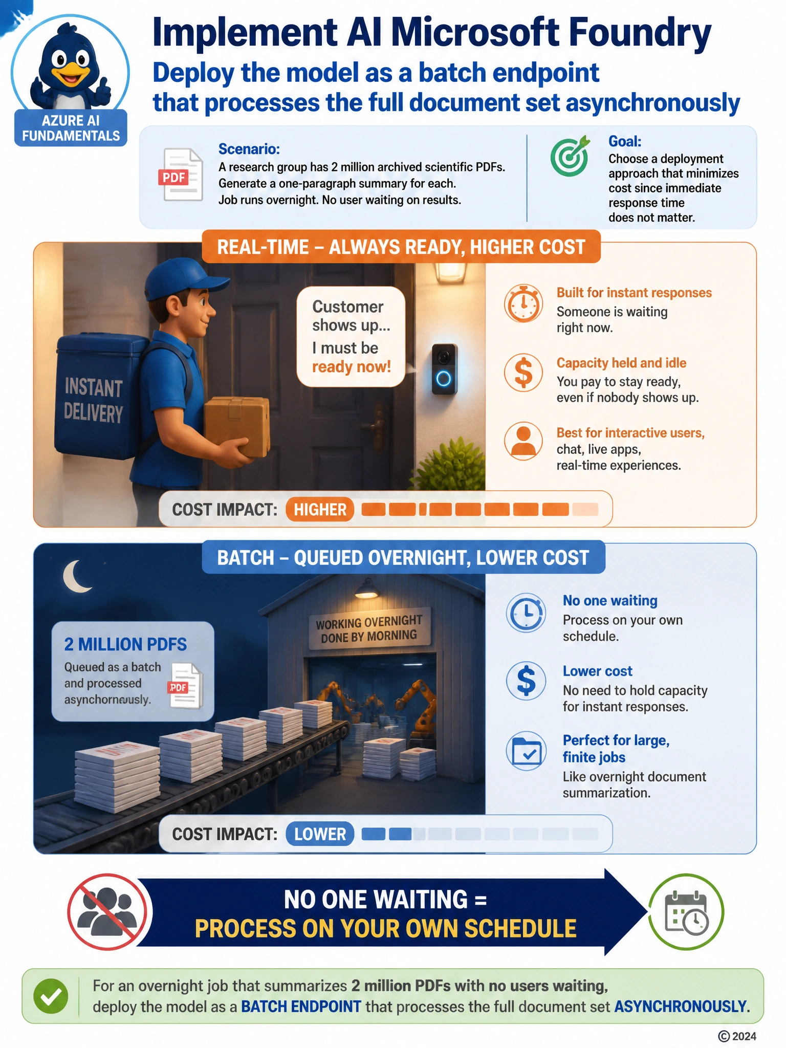 Portrait infographic comparing two delivery models. Top: a courier standing ready at a doorbell icon, labeled 'real-time - always ready, higher cost'. Bottom: a conveyor belt slowly moving a large stack of documents into a warehouse at night under a moon icon, labeled 'batch - queued overnight, lower cost'. Arrow beneath emphasizing 'no one waiting = process on your own schedule'.