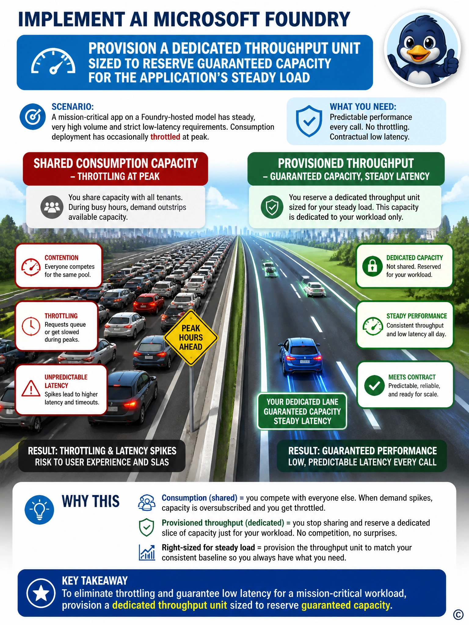 Portrait infographic contrasting a shared highway with many cars merging and slowing at a bottleneck, labeled 'shared consumption capacity - throttling at peak', against a dedicated reserved lane running smoothly alongside it, labeled 'provisioned throughput - guaranteed capacity, steady latency'.