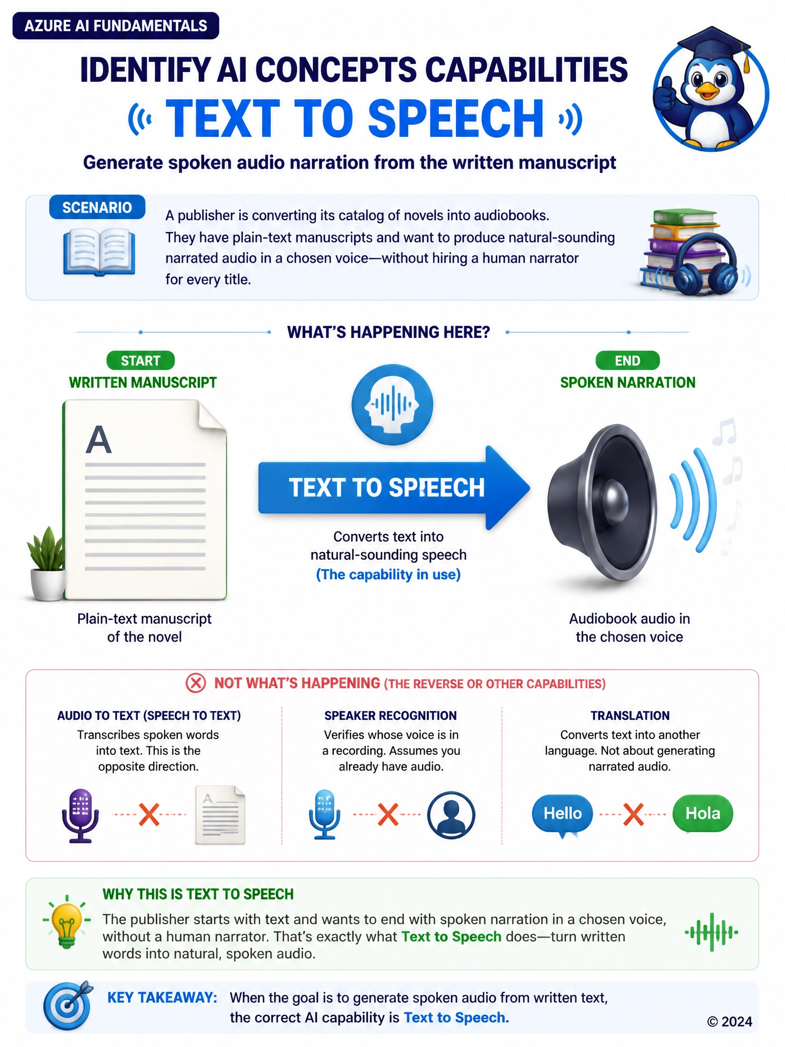 A flow diagram: a page of printed text on the left with an arrow labeled 'Text to Speech' pointing to a speaker icon emitting sound waves on the right, with a small microphone icon and dotted 'X' showing the reverse direction (audio to text) is not what's happening.