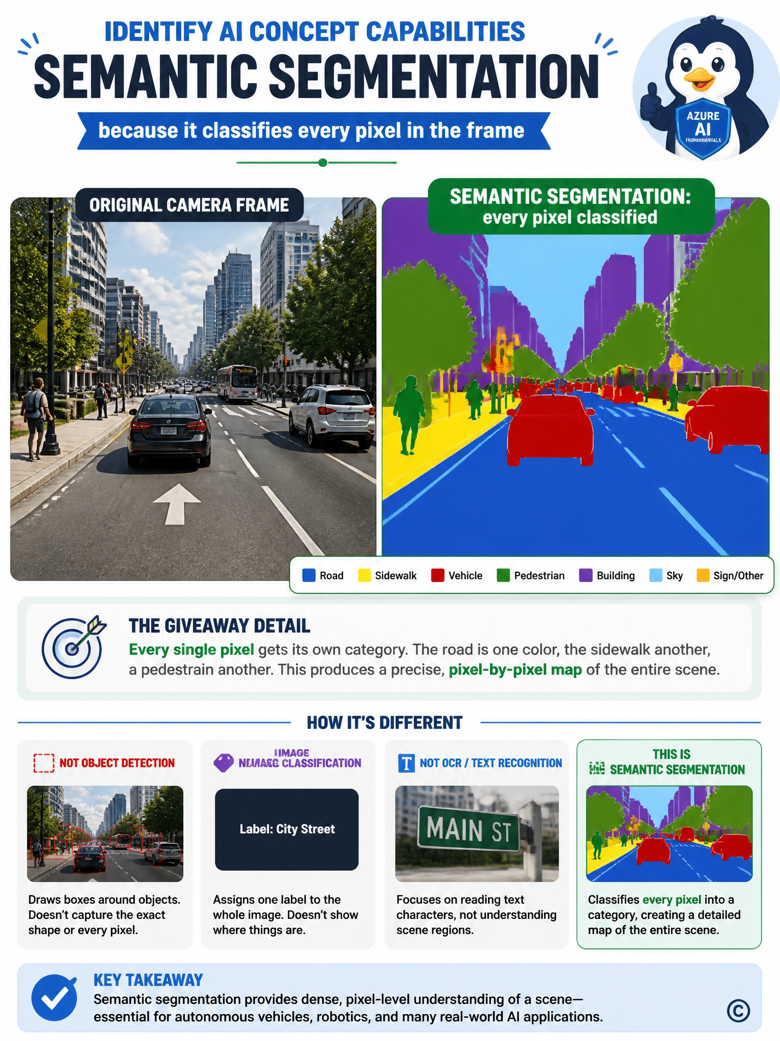 A street scene split into two panels: left panel a normal photo, right panel the same scene recolored into flat regions - blue for road, yellow for sidewalk, red for vehicles, green for pedestrians - labeled 'Semantic Segmentation: every pixel classified.'