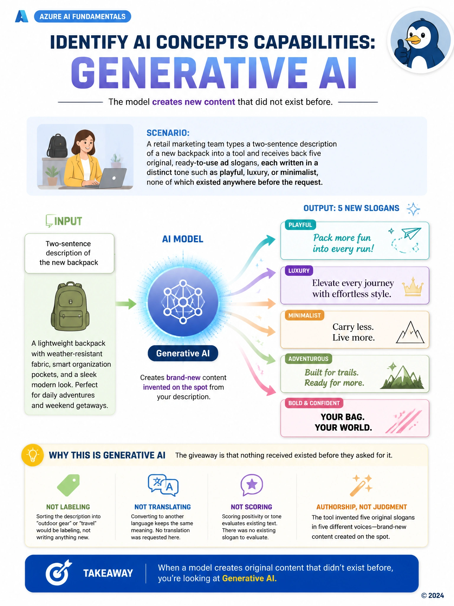 Portrait infographic showing a single short product description flowing into a glowing model icon, then branching out into five distinct new slogan cards labeled Playful, Luxury, Minimalist, and more, each visually different, emphasizing content created fresh rather than pulled from a database.