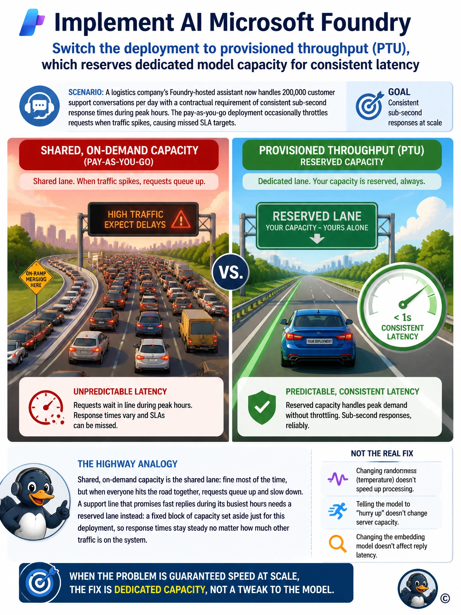 Split-panel infographic: left side shows a crowded highway labeled shared on-demand capacity with cars queuing at an on-ramp; right side shows a dedicated reserved lane labeled provisioned throughput with one steady car and a speedometer holding constant. Caption: predictable latency needs reserved capacity.