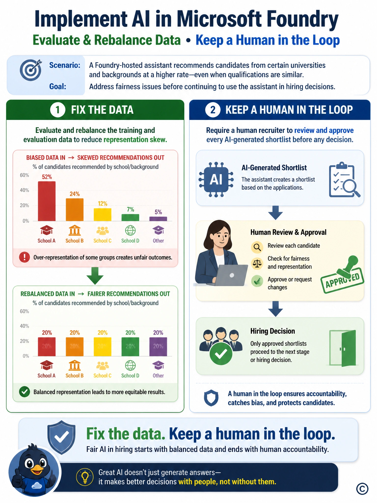 Two-panel infographic: left panel shows a skewed bar chart of candidate recommendations by school or background labeled biased data in, with an arrow to a rebalanced even bar chart labeled rebalanced data. Right panel shows an AI-generated shortlist with a human reviewer icon stamping approved before it reaches a hiring decision icon. Caption: fix the data, keep a human in the loop.