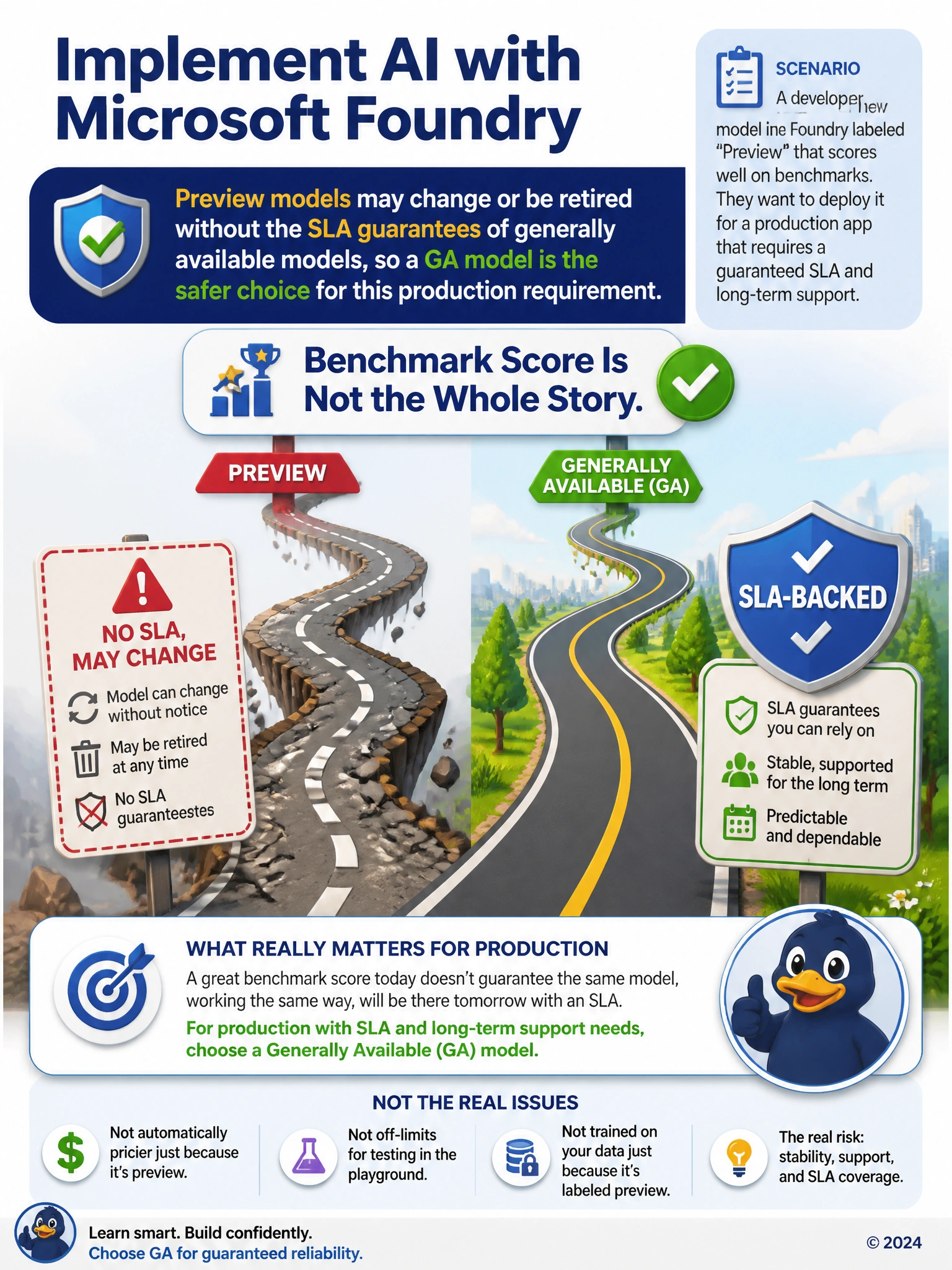 Show two paths from a benchmark checkmark: one labeled 'Preview' leading to a wobbly, dashed-line road sign reading 'no SLA, may change,' the other labeled 'Generally Available' leading to a solid road with a shield icon reading 'SLA-backed.' Label: 'Benchmark Score Is Not the Whole Story.'