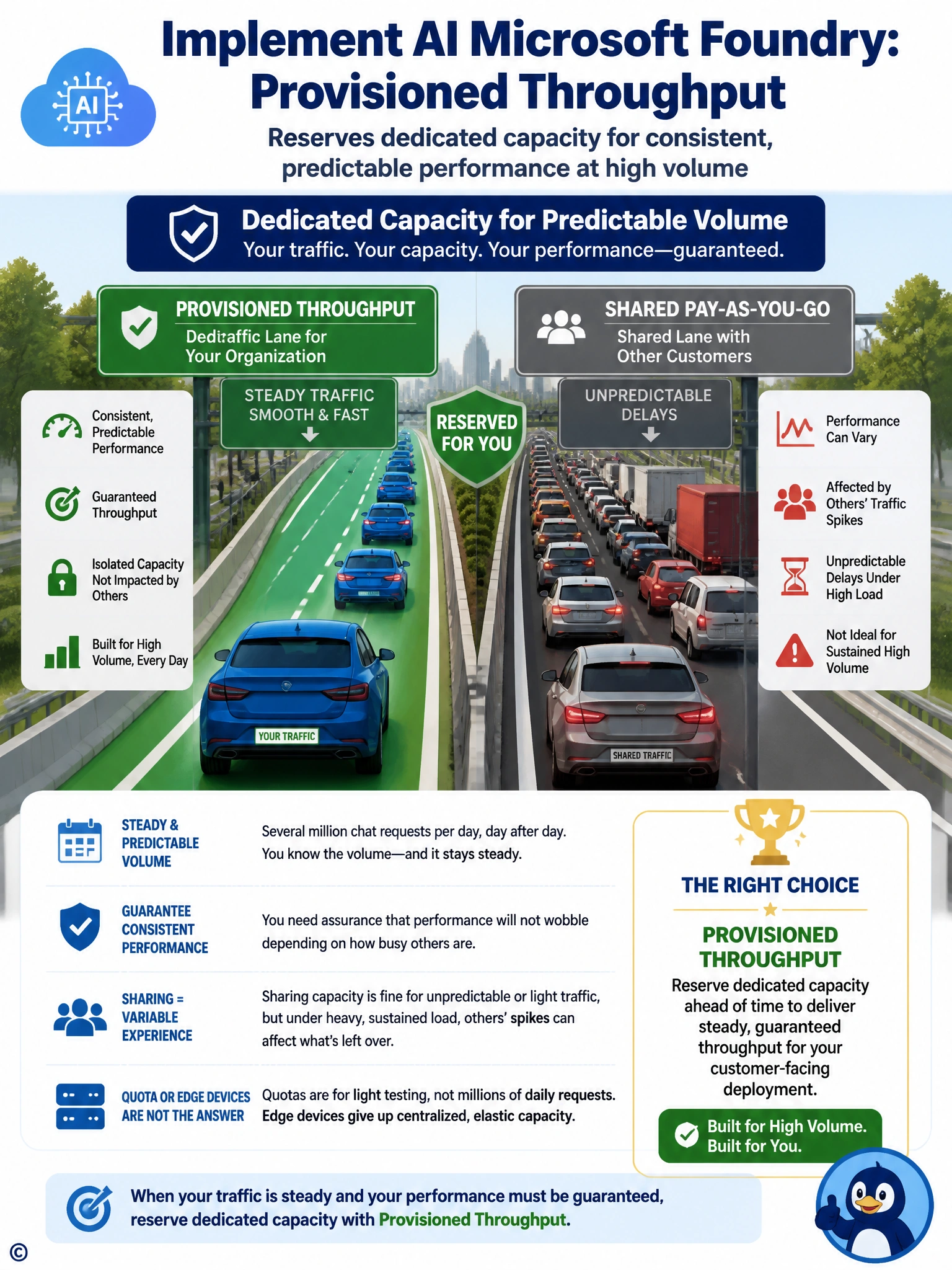 Illustrate a highway metaphor: a 'Provisioned Throughput' lane reserved exclusively for one company's traffic staying smooth and constant-speed, next to a 'Shared Pay-as-you-go' lane with mixed traffic slowing unpredictably. Label: 'Dedicated Capacity for Predictable Volume.'