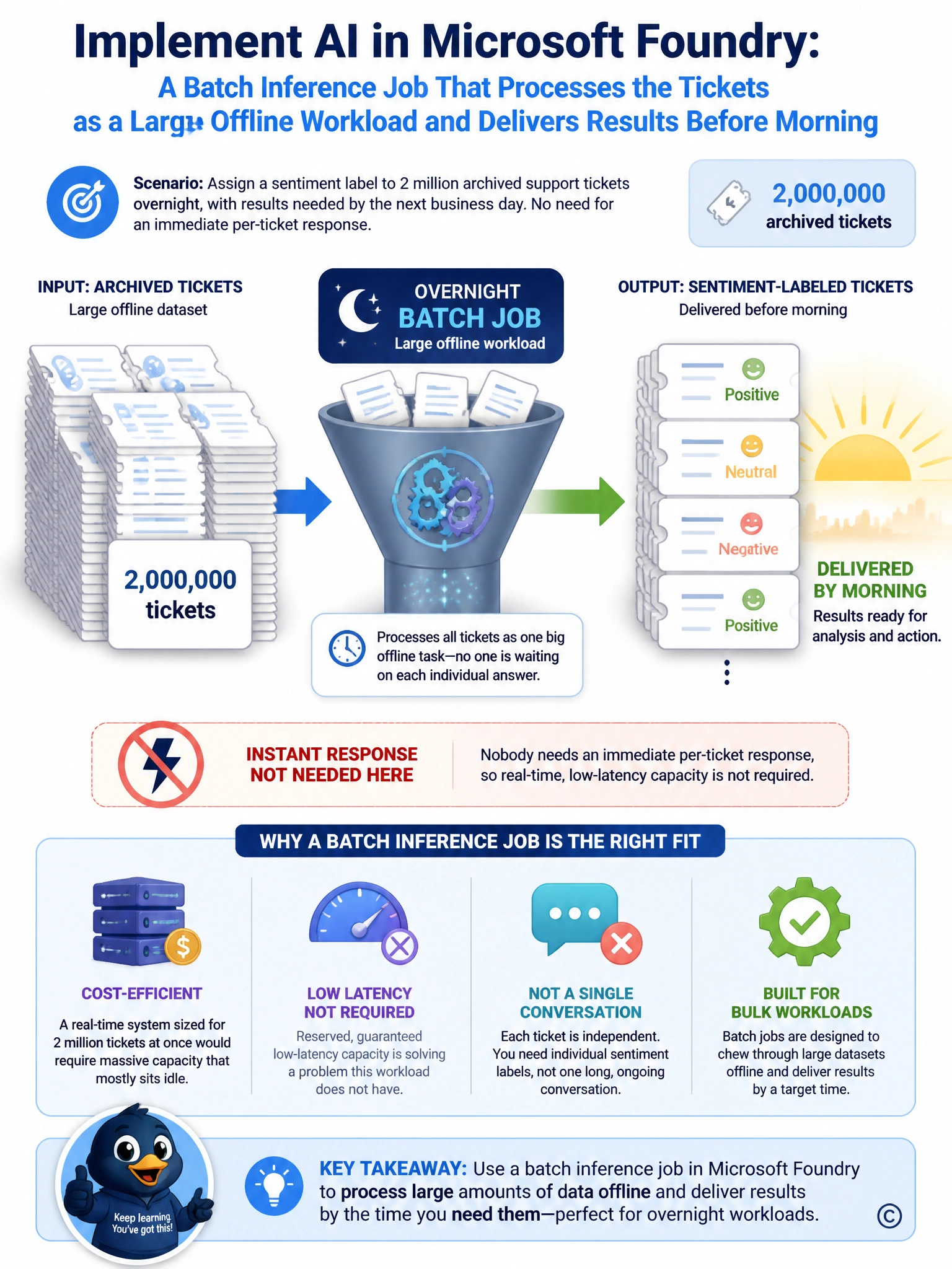 Portrait diagram: a large stack of ticket icons flowing into a funnel labeled overnight batch job, gears turning, output arrow to a stack of labeled tickets showing sentiment tags with a sunrise icon marking morning delivery, contrasted with a small crossed-out lightning-bolt icon labeled instant response, not needed here.