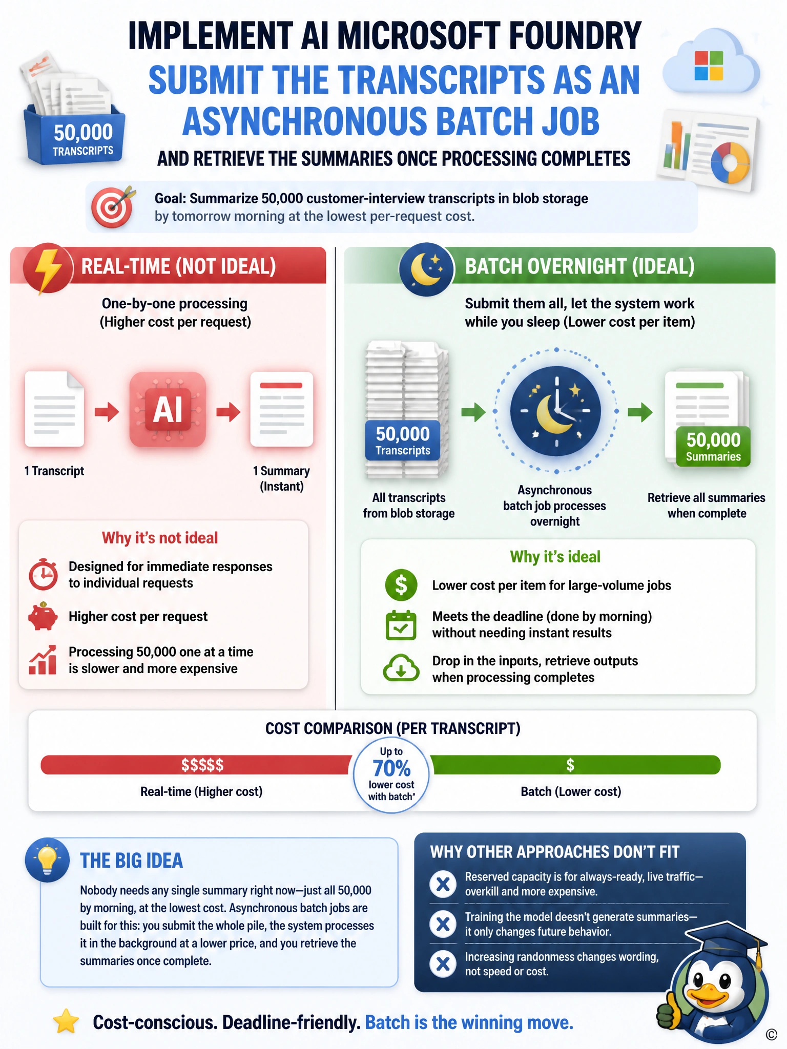 Split-screen infographic: left side shows a lightning bolt icon labeled Real-time with one document flowing through instantly at higher cost; right side shows a stacked pile of many documents flowing into a clock/moon icon labeled Batch overnight at lower cost per item, with a price comparison bar beneath both.