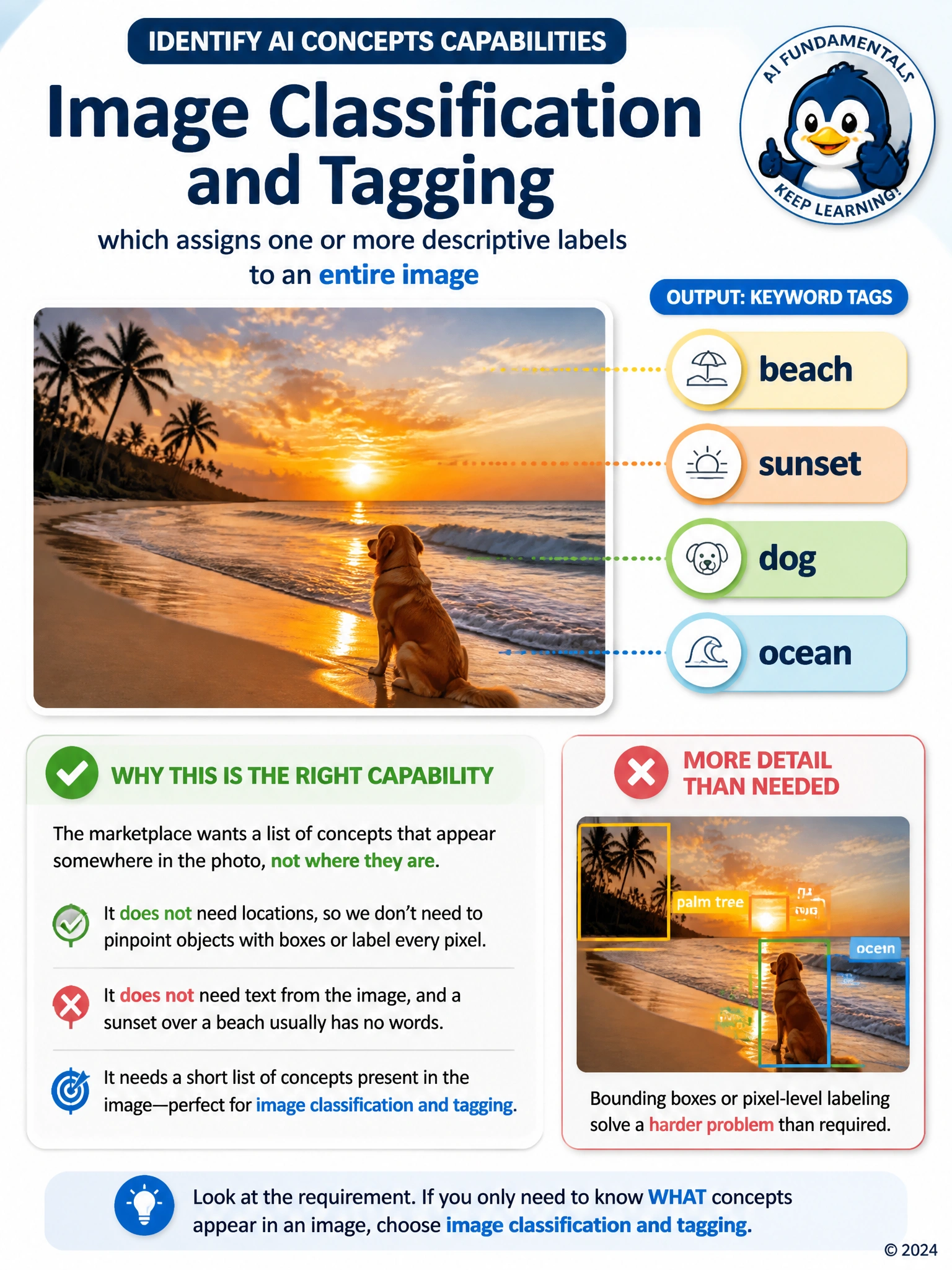 Show a single beach photo with a fanned-out list of keyword tags floating beside it: 'beach', 'sunset', 'dog', 'ocean'. In a smaller inset, contrast this with a version of the same photo showing bounding boxes around individual objects, crossed out and labeled 'more detail than needed'.