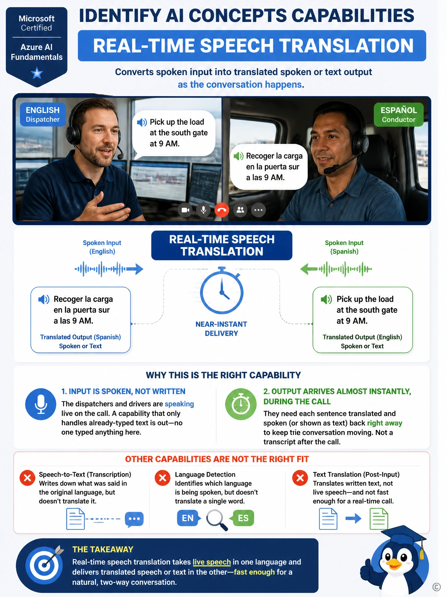 Show two people on a video call, one speaking English, one speaking Spanish, with a live translation flow arrow between them carrying speech-bubble icons in both languages simultaneously. Label it 'Real-Time Speech Translation' and add a small clock icon indicating near-instant delivery.