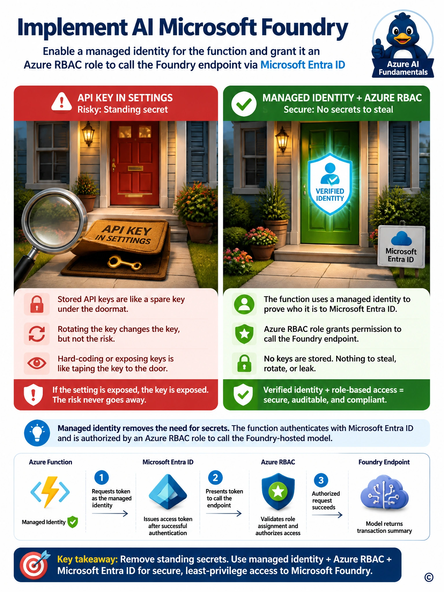 Two panels. Left: a house with a key hidden under a doormat labeled 'API key in settings', a magnifying glass hovering nearby. Right: the same house with no key at all, instead a badge-check icon labeled 'verified identity' unlocking the door directly.