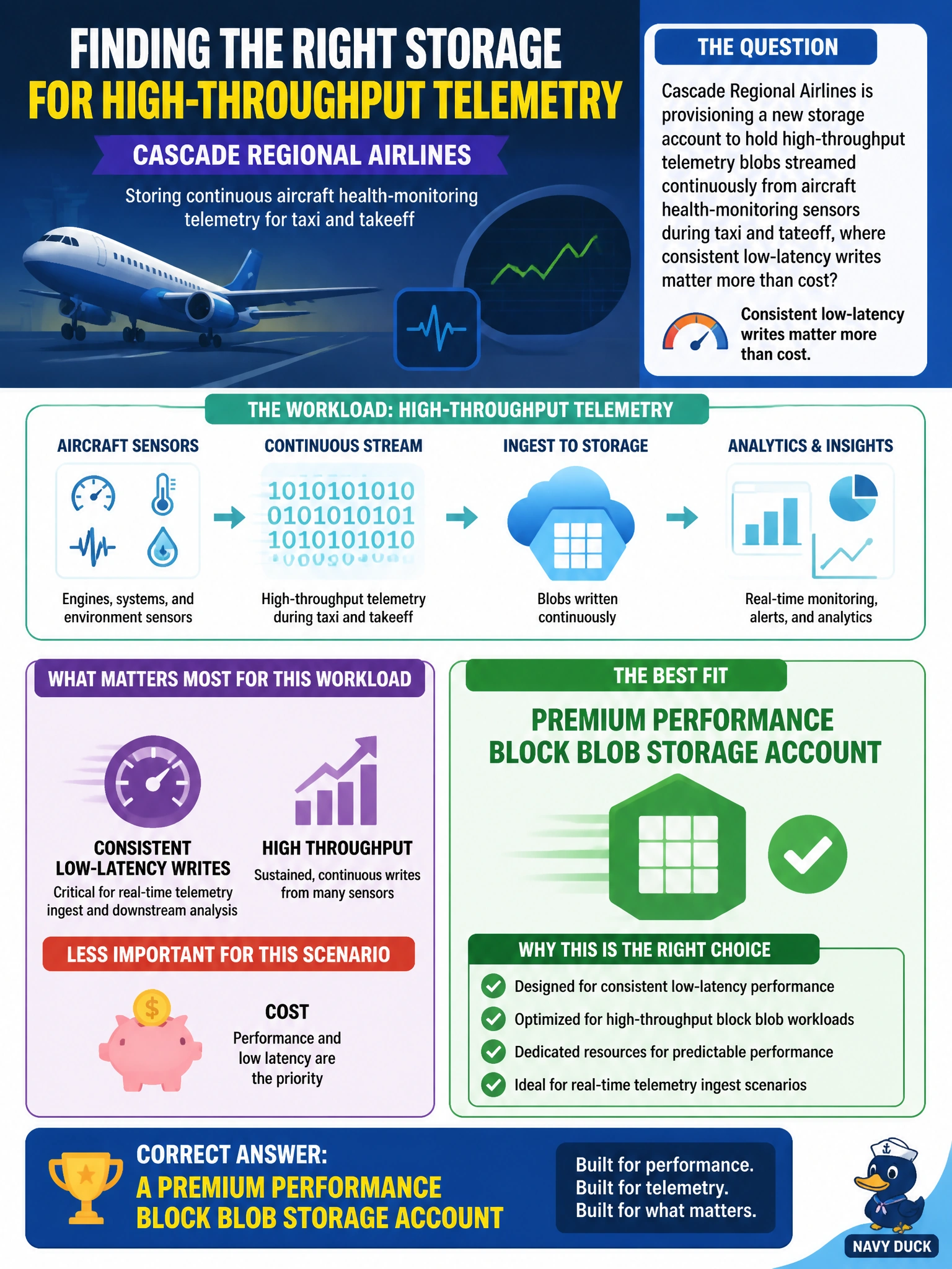 To Create an exciting colorful infographic that explains the concepts in the question: Question: Cascade Regional Airlines is provisioning a new storage account to hold high-throughput telemetry blobs streamed continuously from aircraft health-monitoring sensors during taxi and takeoff, where consistent low-latency writes matter more than cost? Which storage account configuration best fits this workload? Correct Answer: A Premium performance block blob storage account Put EVERY visible label in double quotes. No people. No A/B/C/D letters. In one of the four corners put a little "Navy Duck".