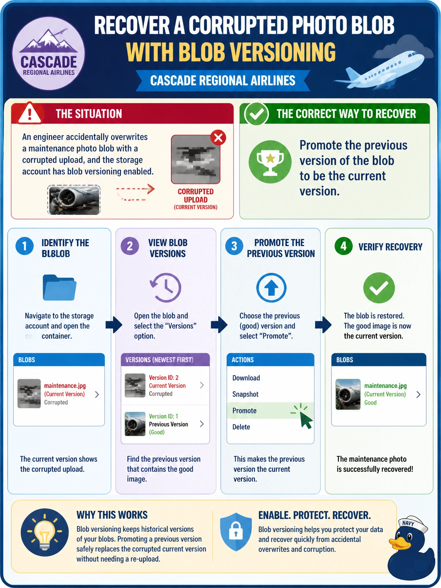 To Create an exciting colorful infographic that explains the concepts in the question: Question: An engineer accidentally overwrites a maintenance photo blob with a corrupted upload at Cascade Regional Airlines, and the storage account has blob versioning enabled? What is the correct way to recover the pre-corruption image? Correct Answer: Promote the previous version of the blob to be the current version Put EVERY visible label in double quotes. No people. No A/B/C/D letters. In one of the four corners put a little "Navy Duck".