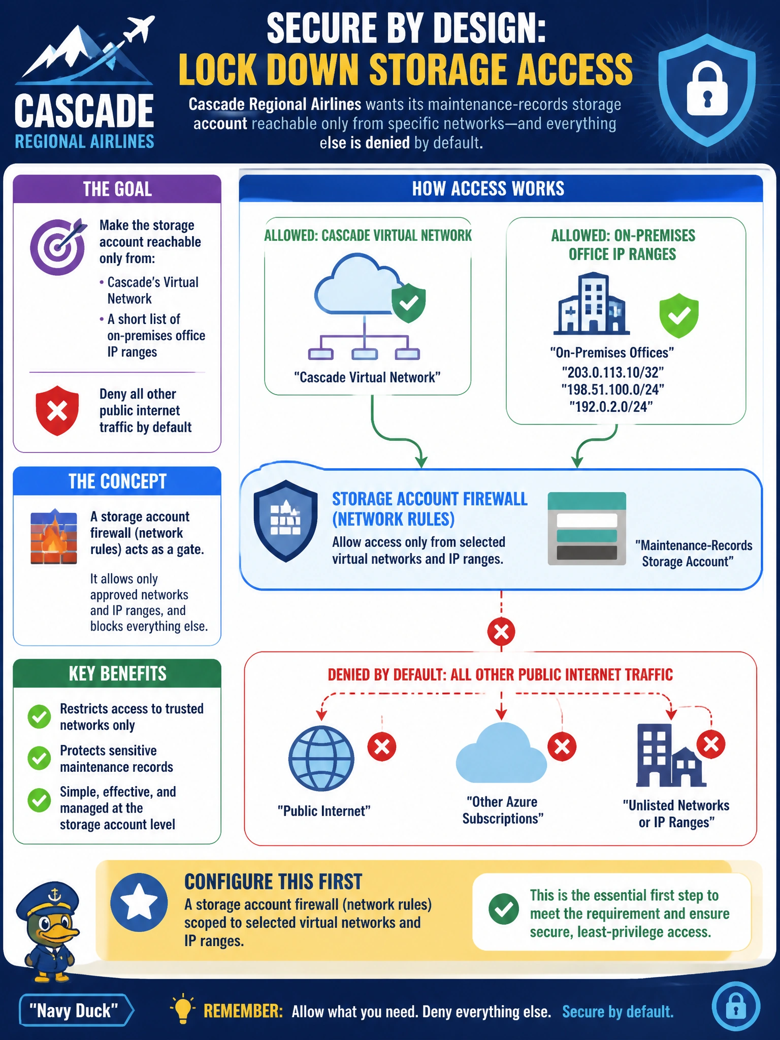 To Create an exciting colorful infographic that explains the concepts in the question: Question: Cascade Regional Airlines' network team wants a maintenance-records storage account reachable only from the airline's virtual network and from a short list of on-premises office IP ranges, with all other public internet traffic denied by default? Which storage account feature should be configured first? Correct Answer: A storage account firewall (network rules) scoped to selected virtual networks and IP ranges Put EVERY visible label in double quotes. No people. No A/B/C/D letters. In one of the four corners put a little "Navy Duck".