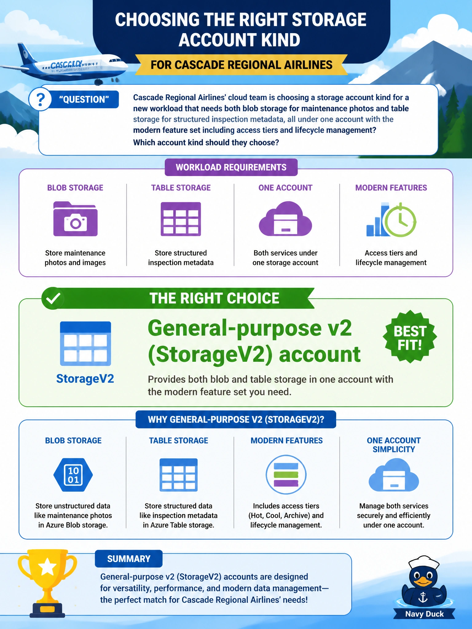 To Create an exciting colorful infographic that explains the concepts in the question: Question: Cascade Regional Airlines' cloud team is choosing a storage account kind for a new workload that needs both blob storage for maintenance photos and table storage for structured inspection metadata, all under one account with the modern feature set including access tiers and lifecycle management? Which account kind should they choose? Correct Answer: General-purpose v2 (StorageV2) account Put EVERY visible label in double quotes. No people. No A/B/C/D letters. In one of the four corners put a little "Navy Duck".