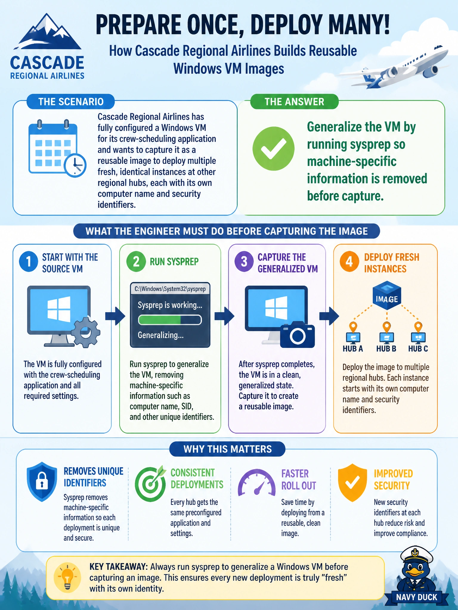 To Create an exciting colorful infographic that explains the concepts in the question: Question: Cascade Regional Airlines has fully configured a Windows VM for its crew-scheduling application and wants to capture it as a reusable image to deploy multiple fresh, identical instances at other regional hubs, each with its own computer name and security identifiers. What must the engineer do to the source VM before capturing the image? Correct Answer: Generalize the VM by running sysprep so machine-specific information is removed before capture. Put EVERY visible label in double quotes. No people. No A/B/C/D letters. In one of the four corners put a little "Navy Duck".