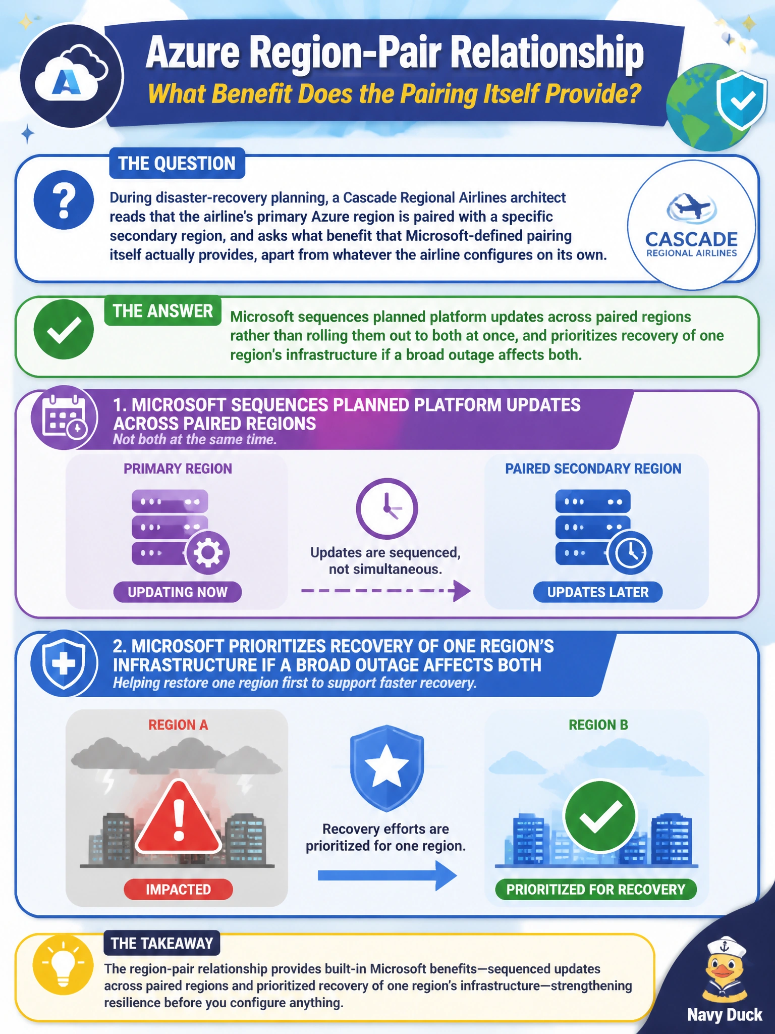 To Create an exciting colorful infographic that explains the concepts in the question: Question: During disaster-recovery planning, a Cascade Regional Airlines architect reads that the airline's primary Azure region is paired with a specific secondary region, and asks what benefit that Microsoft-defined pairing itself actually provides, apart from whatever the airline configures on its own. What does the region-pair relationship provide? Correct Answer: Microsoft sequences planned platform updates across paired regions rather than rolling them out to both at once, and prioritizes recovery of one region's infrastructure if a broad outage affects both. Put EVERY visible label in double quotes. No people. No A/B/C/D letters. In one of the four corners put a little "Navy Duck".
