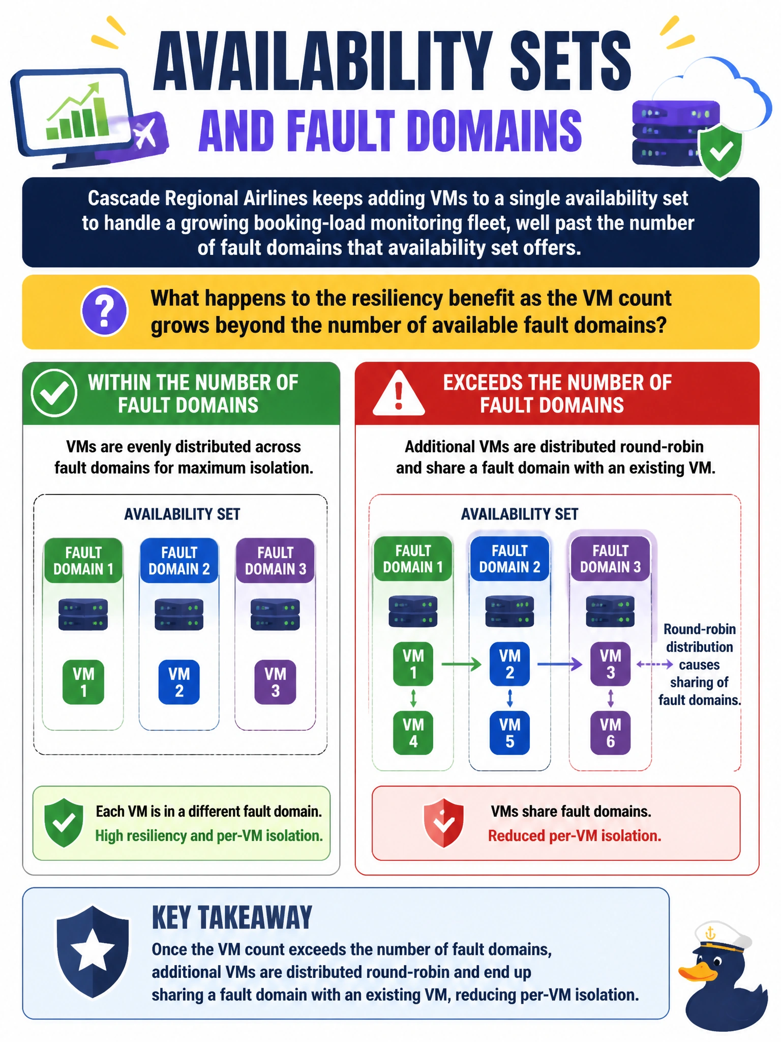 To Create an exciting colorful infographic that explains the concepts in the question: Question: Cascade Regional Airlines keeps adding VMs to a single availability set to handle a growing booking-load monitoring fleet, well past the number of fault domains that availability set offers. What happens to the resiliency benefit as the VM count grows beyond the number of available fault domains? Correct Answer: Once the VM count exceeds the number of fault domains, additional VMs are distributed round-robin and end up sharing a fault domain with an existing VM, reducing per-VM isolation. Put EVERY visible label in double quotes. No people. No A/B/C/D letters. In one of the four corners put a little "Navy Duck".