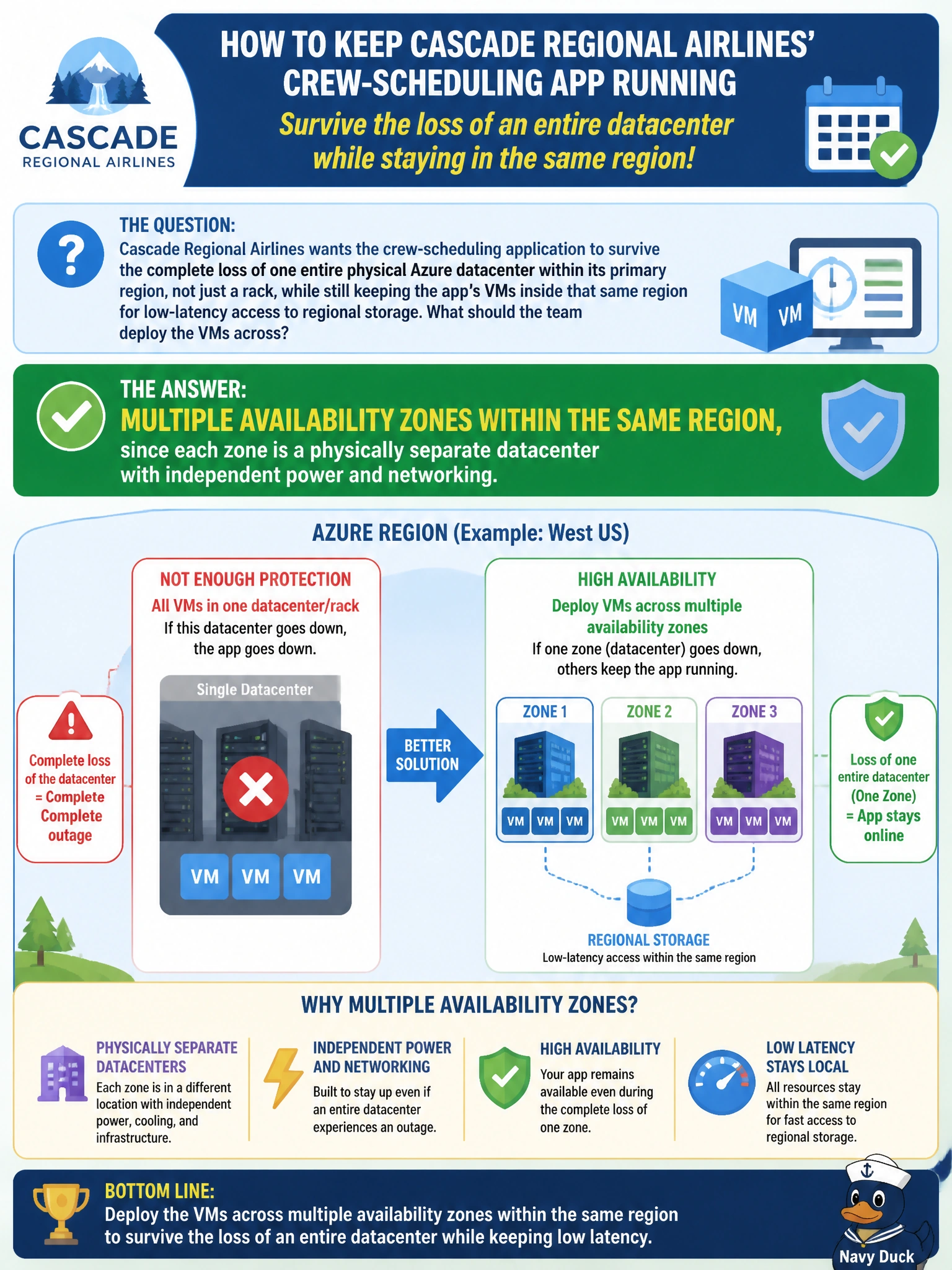 To Create an exciting colorful infographic that explains the concepts in the question: Question: Cascade Regional Airlines wants the crew-scheduling application to survive the complete loss of one entire physical Azure datacenter within its primary region, not just a rack, while still keeping the app's VMs inside that same region for low-latency access to regional storage. What should the team deploy the VMs across? Correct Answer: Multiple availability zones within the same region, since each zone is a physically separate datacenter with independent power and networking. Put EVERY visible label in double quotes. No people. No A/B/C/D letters. In one of the four corners put a little "Navy Duck".