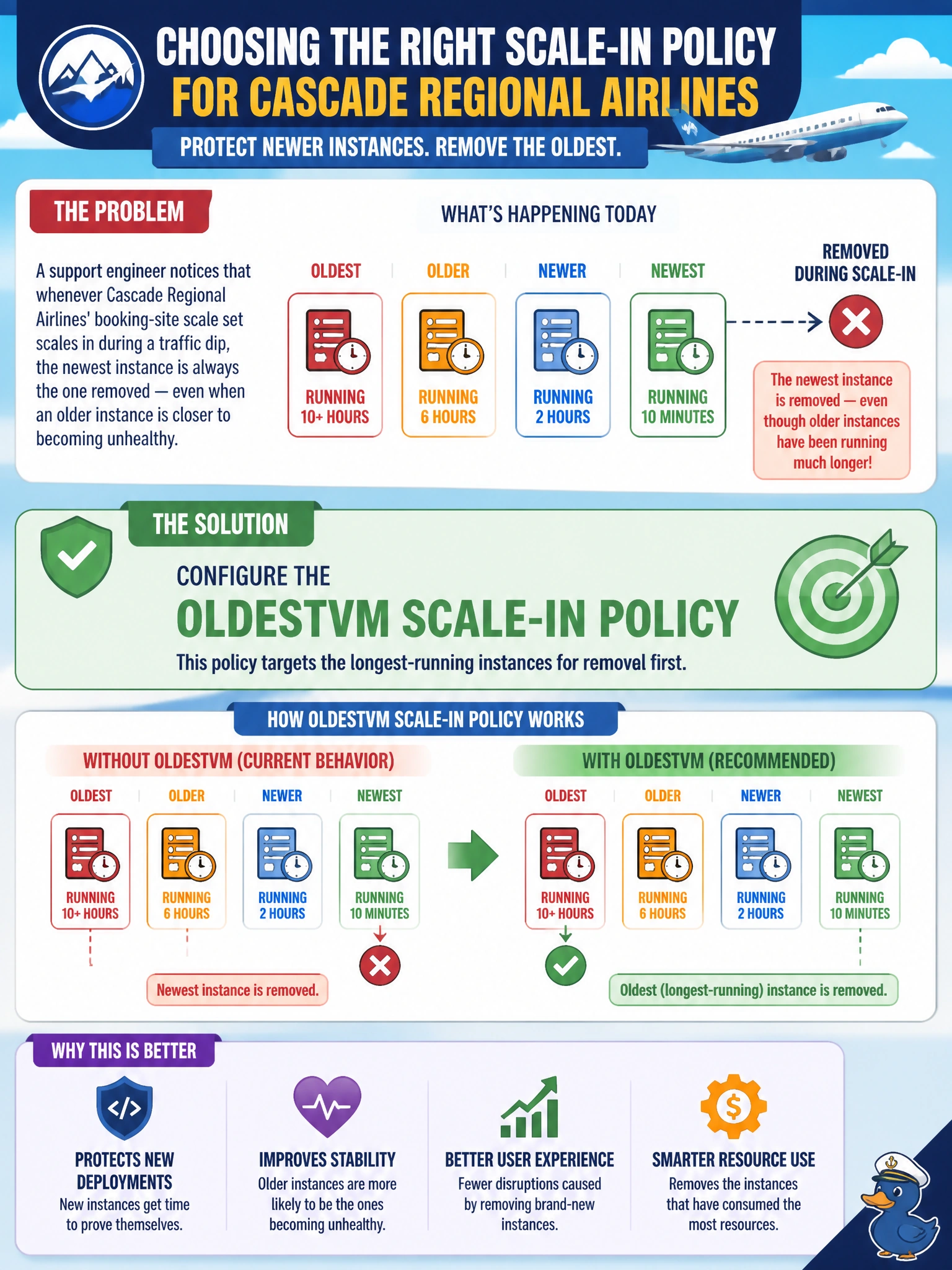 To Create an exciting colorful infographic that explains the concepts in the question: Question: A support engineer notices that whenever Cascade Regional Airlines' booking-site scale set scales in during a traffic dip, the newest instance is always the one removed — even when an older instance is closer to becoming unhealthy. The team wants the newest instances protected so recently deployed code gets time to prove itself before being torn down. Which scale-in policy should they configure? Correct Answer: OldestVM scale-in policy, which targets the longest-running instances for removal first Put EVERY visible label in double quotes. No people. No A/B/C/D letters. In one of the four corners put a little "Navy Duck".
