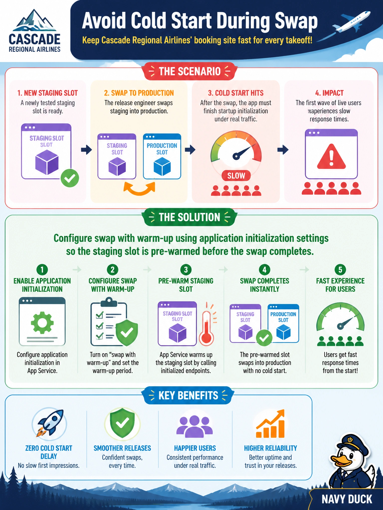 To Create an exciting colorful infographic that explains the concepts in the question: Question: A release engineer swaps a newly tested staging slot into production for Cascade Regional Airlines' booking site. Immediately after the swap, the first wave of live users hits slow response times because the app has to finish its startup initialization under real traffic. What App Service feature should the engineer use before the next release to avoid this cold-start delay during swap? Correct Answer: Configure swap with warm-up using application initialization settings so the staging slot is pre-warmed before the swap completes Put EVERY visible label in double quotes. No people. No A/B/C/D letters. In one of the four corners put a little "Navy Duck".