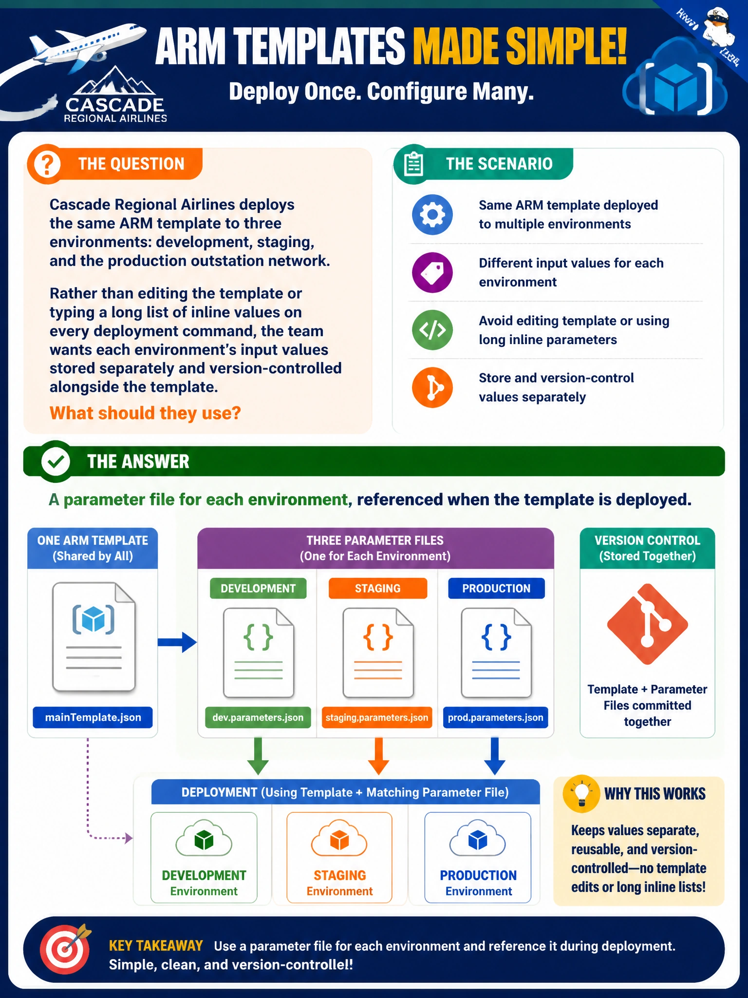 To Create an exciting colorful infographic that explains the concepts in the question: Question: Cascade Regional Airlines deploys the same ARM template to three environments: development, staging, and the production outstation network. Rather than editing the template or typing a long list of inline values on every deployment command, the team wants each environment's input values stored separately and version-controlled alongside the template. What should they use? Correct Answer: A parameter file for each environment, referenced when the template is deployed Put EVERY visible label in double quotes. No people. No A/B/C/D letters. In one of the four corners put a little "Navy Duck".