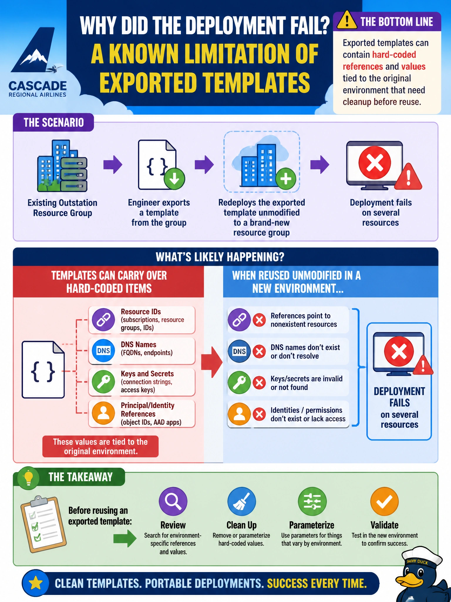 To Create an exciting colorful infographic that explains the concepts in the question: Question: A Cascade Regional Airlines engineer exports a template from an existing outstation resource group and, before reusing it, redeploys the exported template unmodified against a brand-new resource group to see what happens. The deployment fails on several resources. What is a known limitation of exported templates that most likely explains this? Correct Answer: Exported templates can contain hard-coded references and values tied to the original environment that need cleanup before reuse Put EVERY visible label in double quotes. No people. No A/B/C/D letters. In one of the four corners put a little "Navy Duck".