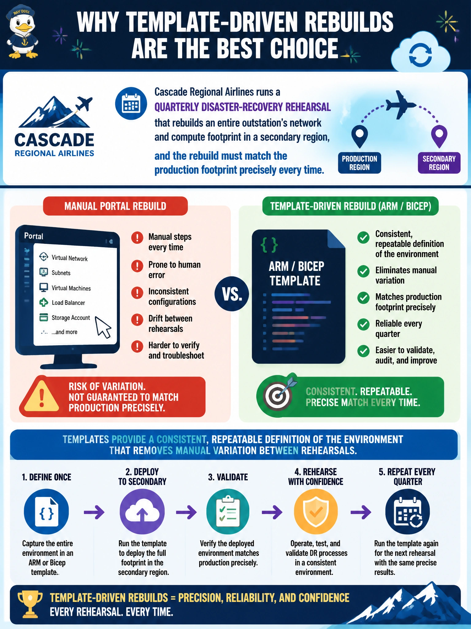 To Create an exciting colorful infographic that explains the concepts in the question: Question: Cascade Regional Airlines runs a quarterly disaster-recovery rehearsal that rebuilds an entire outstation's network and compute footprint in a secondary region, and the rebuild must match the production footprint precisely every time. Why is an ARM or Bicep template the best-suited approach for this recurring rebuild, compared to manually recreating resources through the portal each quarter? Correct Answer: Templates give a consistent, repeatable definition of the environment that removes manual variation between rehearsals Put EVERY visible label in double quotes. No people. No A/B/C/D letters. In one of the four corners put a little "Navy Duck".