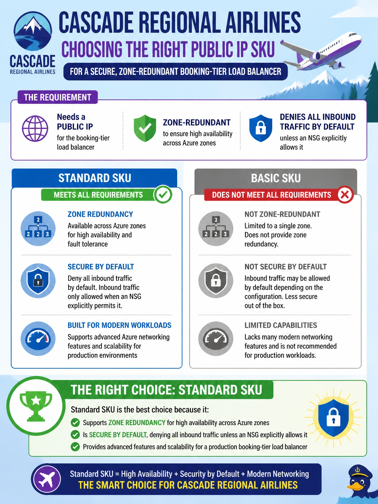 To Create an exciting colorful infographic that explains the concepts in the question: Question: Cascade Regional Airlines needs a public IP for its booking-tier load balancer that is zone-redundant and denies all inbound traffic by default unless an NSG explicitly allows it. Which SKU should they choose, and why? Correct Answer: Standard SKU, because it supports zone redundancy and is secure by default, requiring an NSG to explicitly permit inbound traffic. Put EVERY visible label in double quotes. No people. No A/B/C/D letters. In one of the four corners put a little "Navy Duck".