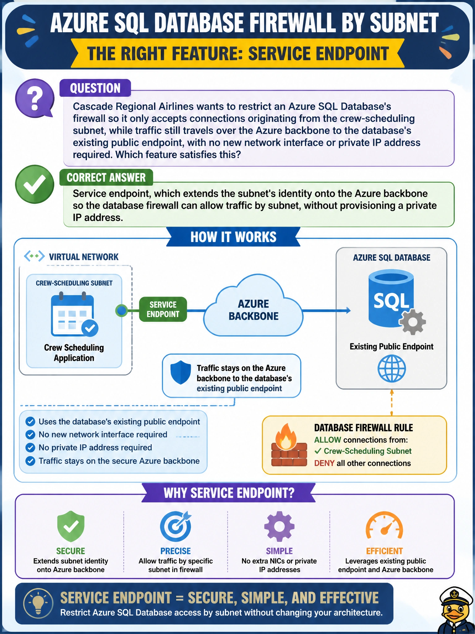 To Create an exciting colorful infographic that explains the concepts in the question: Question: Cascade Regional Airlines wants to restrict an Azure SQL Database's firewall so it only accepts connections originating from the crew-scheduling subnet, while traffic still travels over the Azure backbone to the database's existing public endpoint, with no new network interface or private IP address required. Which feature satisfies this? Correct Answer: Service endpoint, which extends the subnet's identity onto the Azure backbone so the database firewall can allow traffic by subnet, without provisioning a private IP address. Put EVERY visible label in double quotes. No people. No A/B/C/D letters. In one of the four corners put a little "Navy Duck".