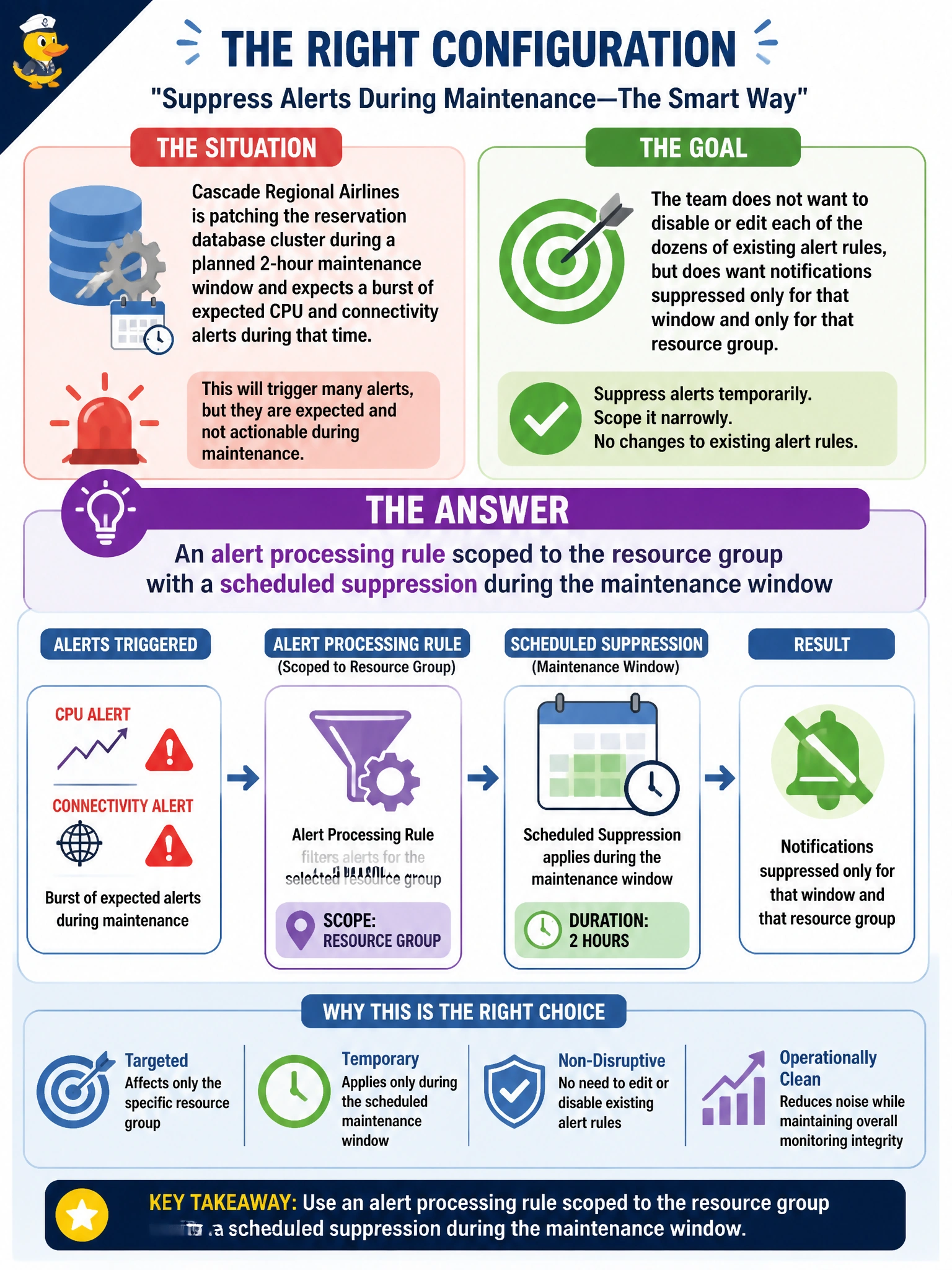To Create an exciting colorful infographic that explains the concepts in the question: Question: Cascade Regional Airlines is patching the reservation database cluster during a planned 2-hour maintenance window and expects a burst of expected CPU and connectivity alerts during that time. The team does not want to disable or edit each of the dozens of existing alert rules, but does want notifications suppressed only for that window and only for that resource group. What should they configure? Correct Answer: An alert processing rule scoped to the resource group with a scheduled suppression during the maintenance window Put EVERY visible label in double quotes. No people. No A/B/C/D letters. In one of the four corners put a little "Navy Duck".