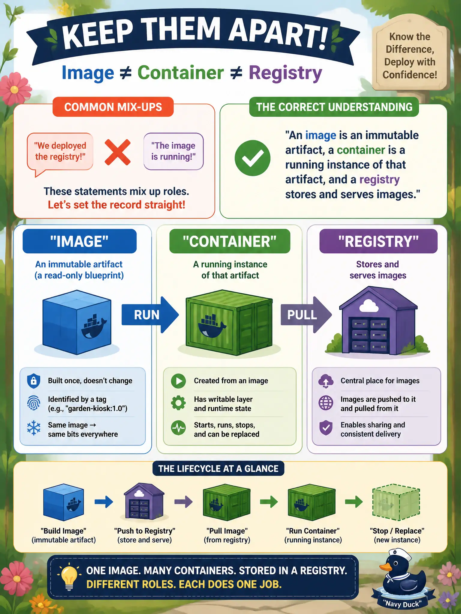 Artifact, container, registry: the artifact is immutable, the container is the running instance, the registry stores it.