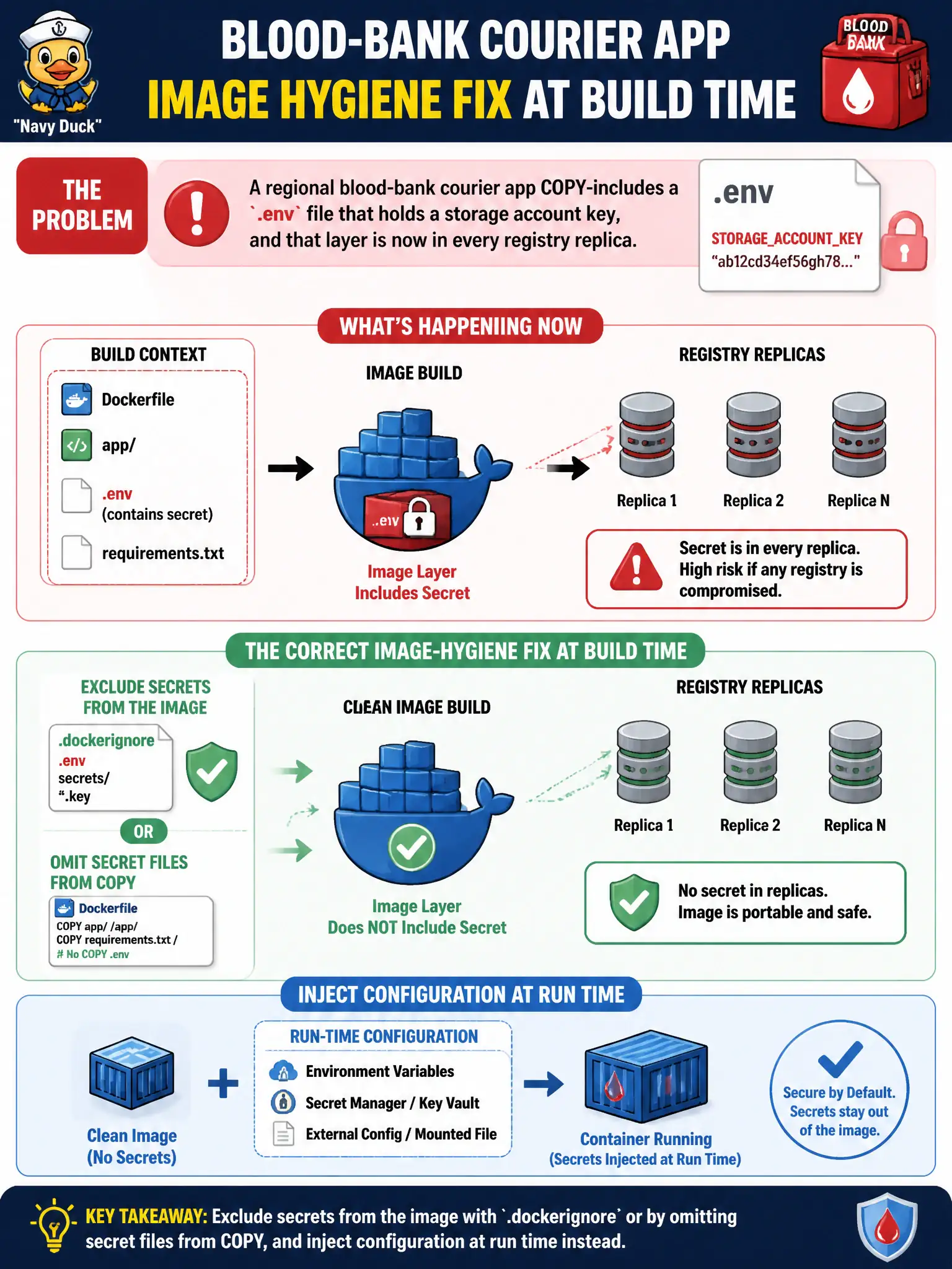Keep secrets out of the artifact via .dockerignore or by omitting them from COPY, and inject config at run time.
