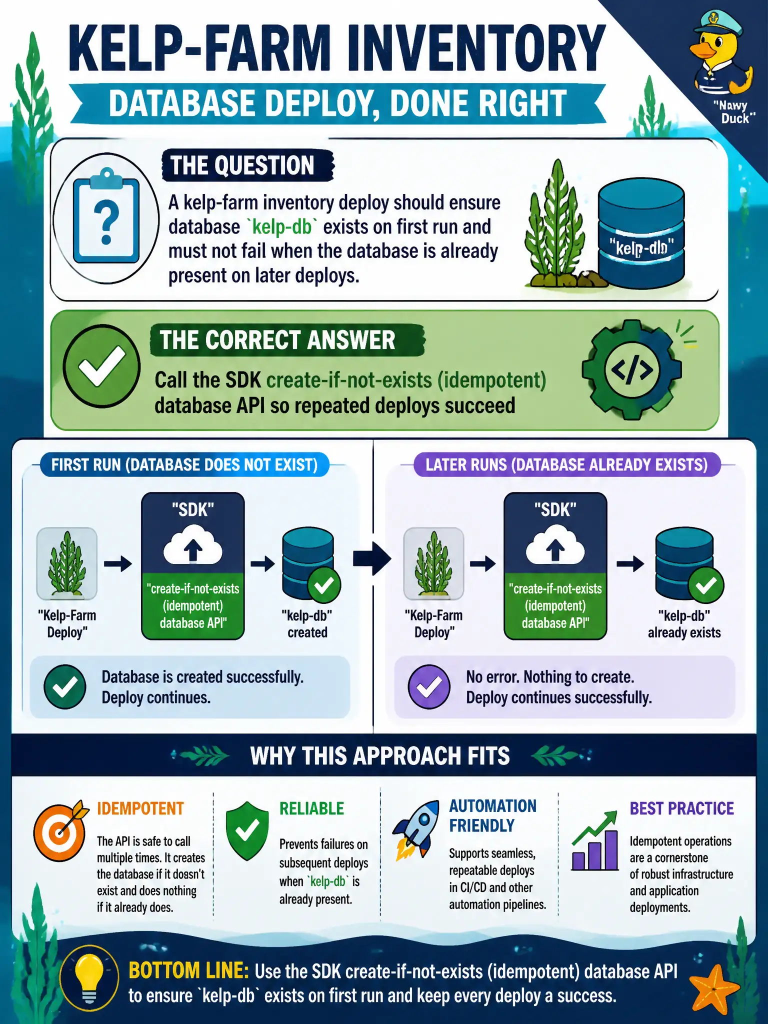 Use the idempotent create-if-not-exists database API so repeated Cosmos deploys succeed when it already exists.