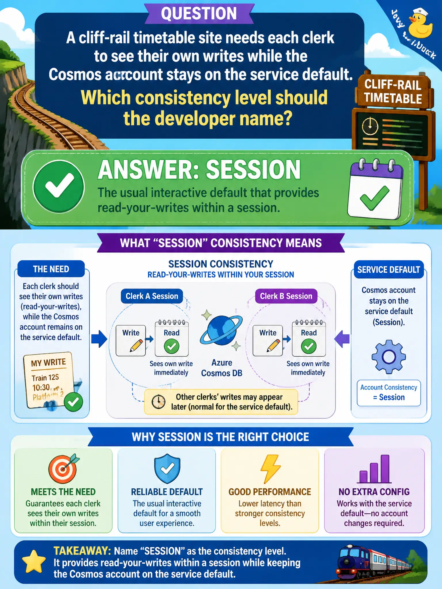 Session consistency is the Cosmos account default for interactive apps, giving read-your-writes within one session.