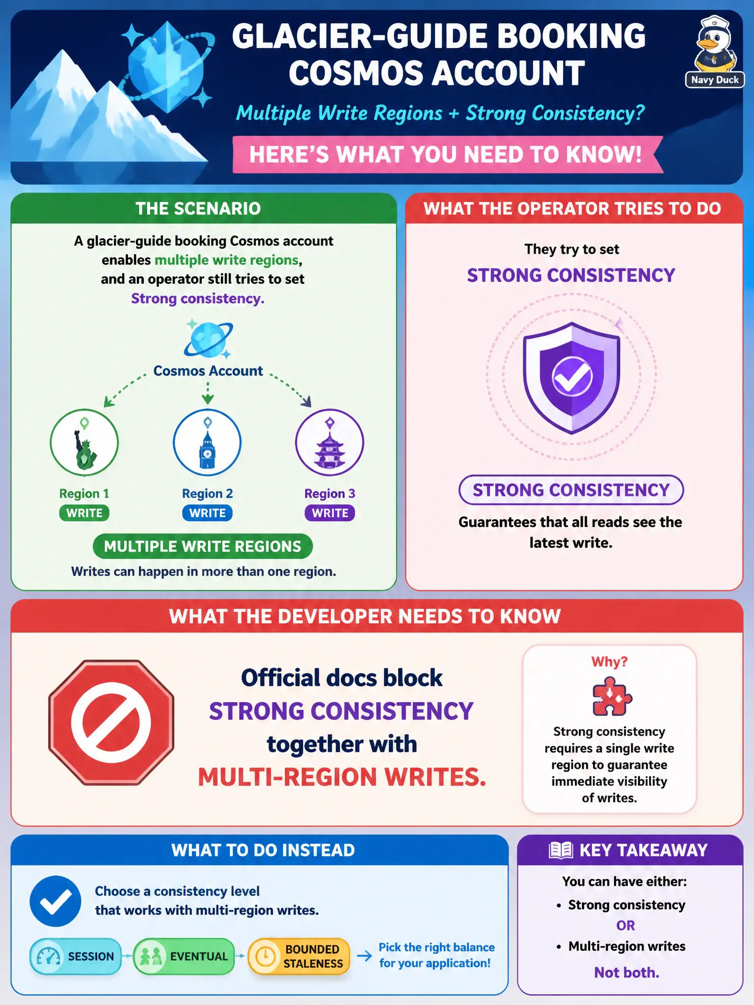 Cosmos blocks the Strong consistency and multi-region writes combo; multi-write accounts must use a weaker level.