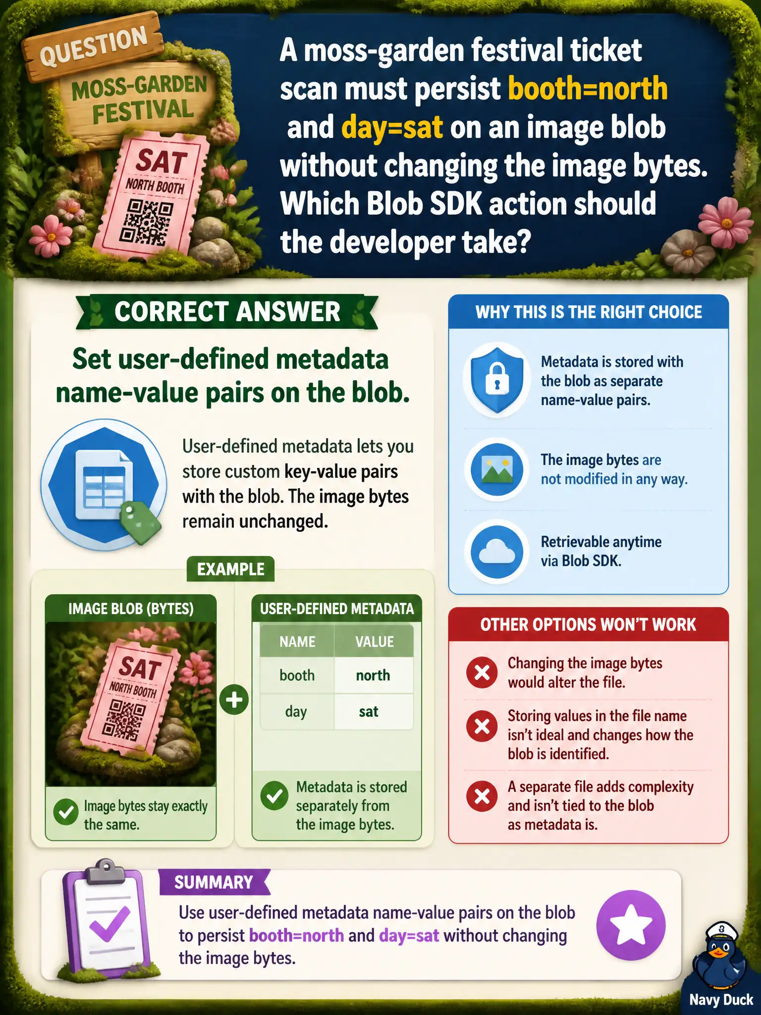 Store labels like booth and day as user-defined metadata on the blob, without rewriting the blob bytes.