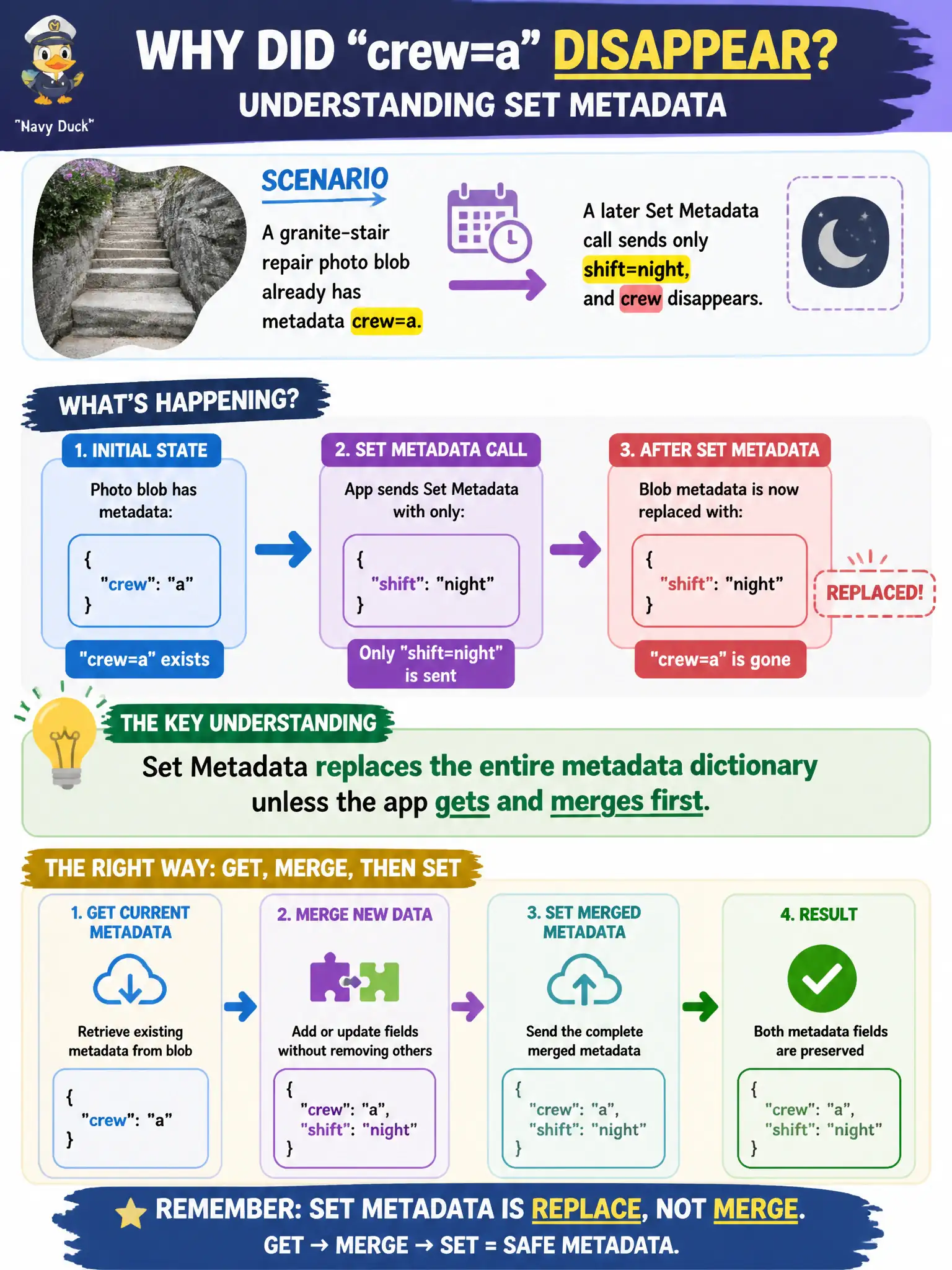 Blob Set Metadata replaces the entire metadata dictionary, so get, merge, and set all keys to keep old ones.