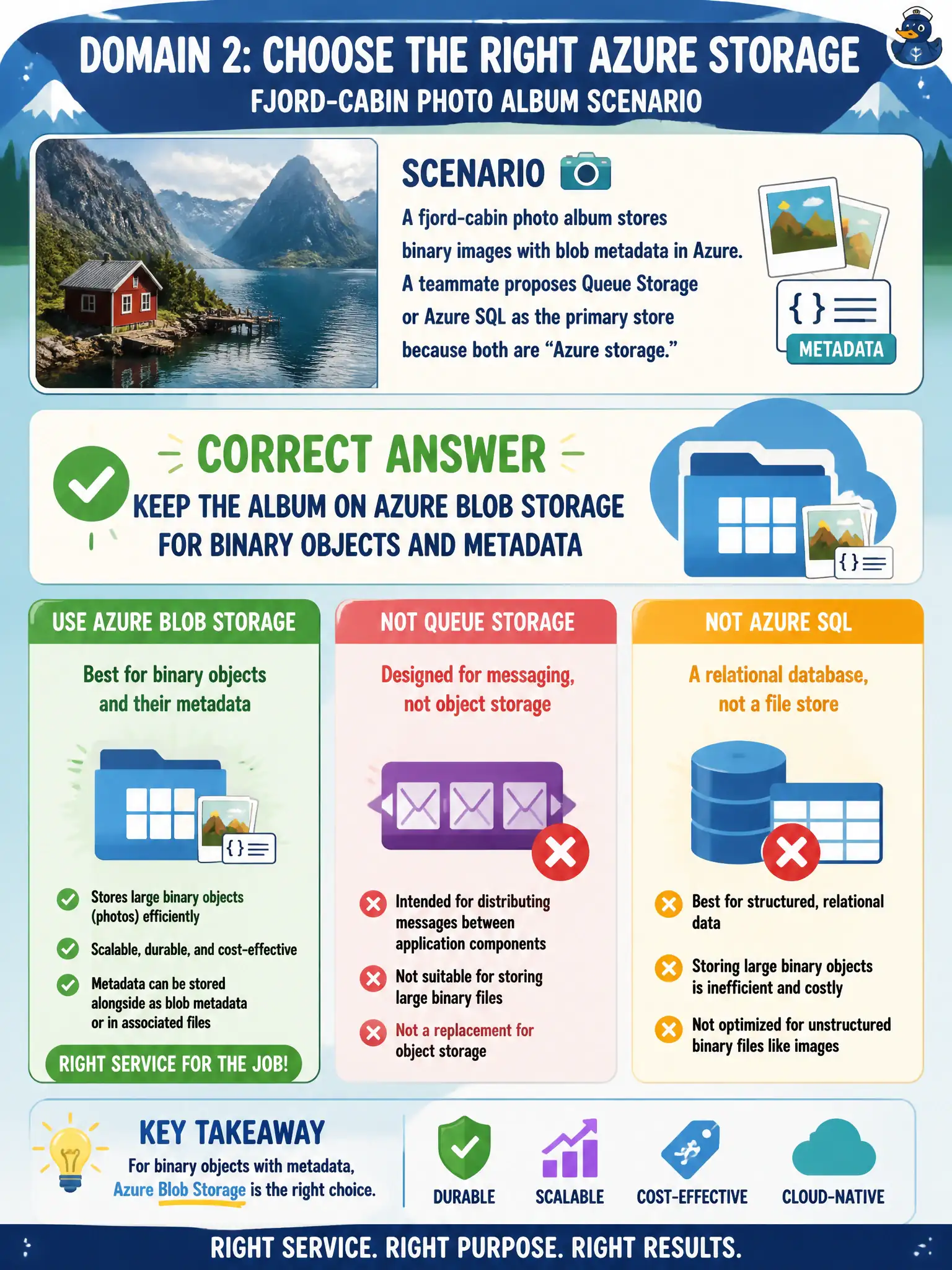 Blob Storage is the Domain 2 home for unstructured binary objects with metadata; queues and SQL are not.