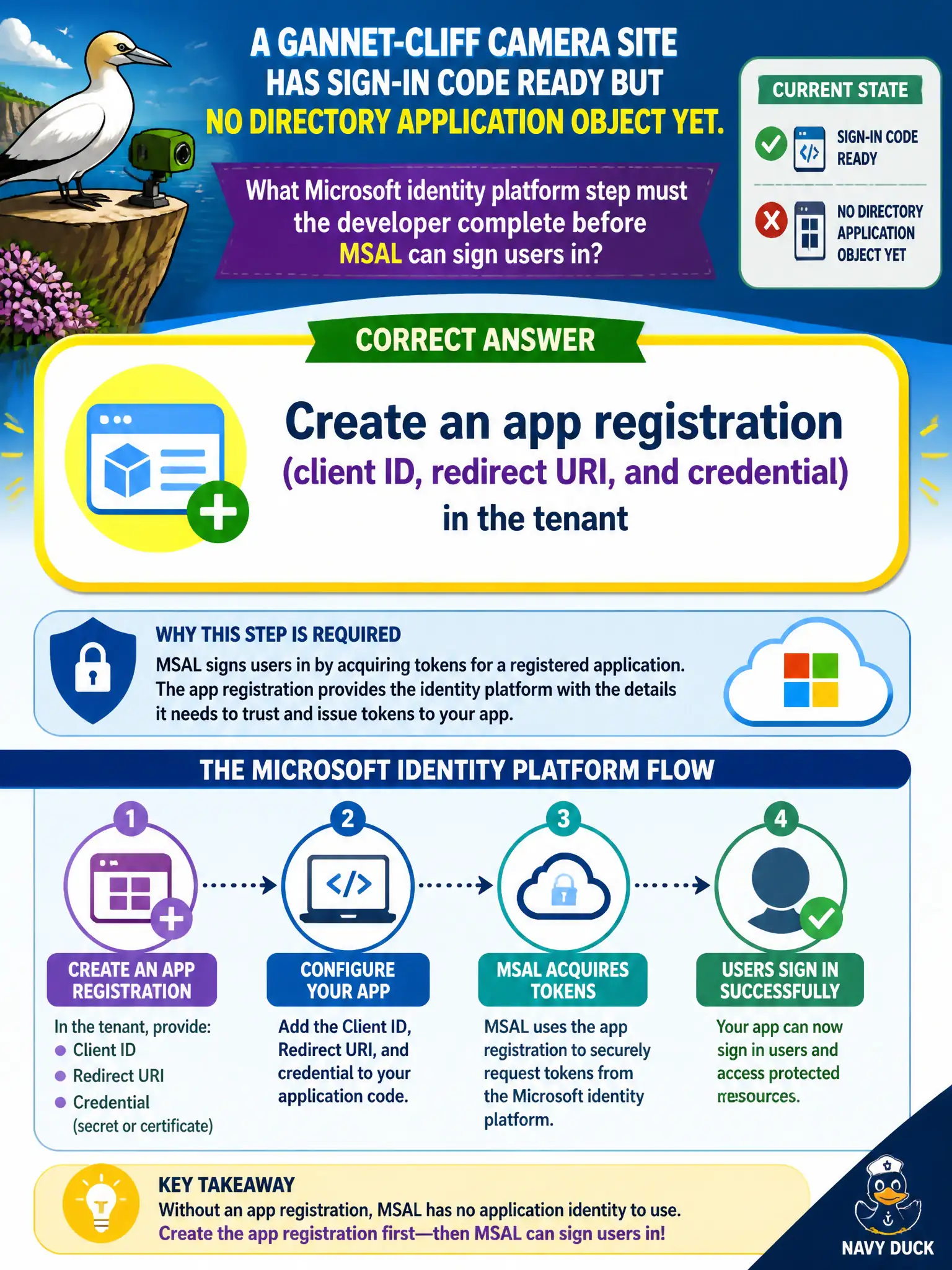 MSAL sign-in requires an app registration in the tenant: client ID, redirect URI, and a credential.