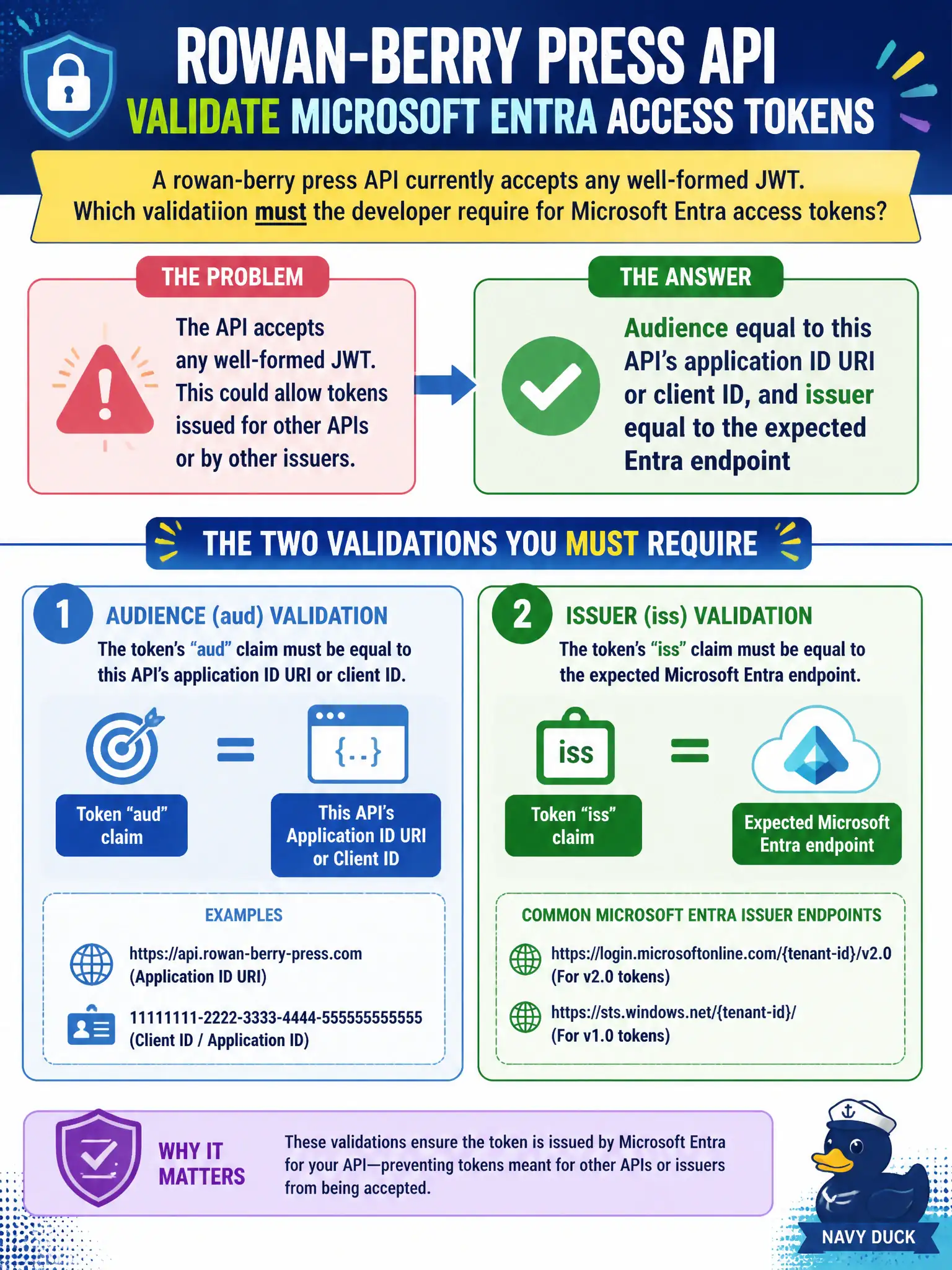 Token validation: the audience must be your API's ID and the issuer must be your expected Entra endpoint.