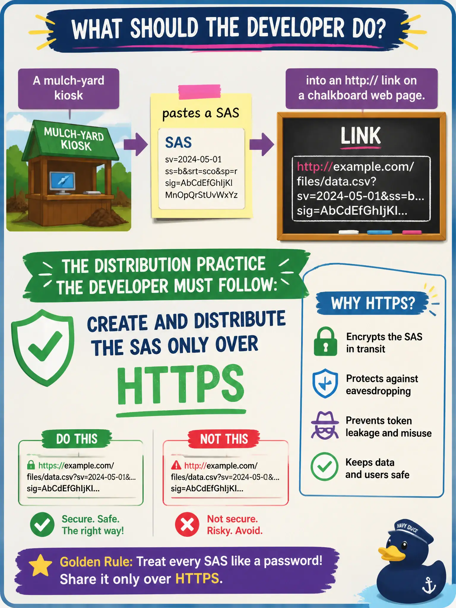 SAS distribution: create and share shared access signatures only over HTTPS, because the signature travels in the URL.