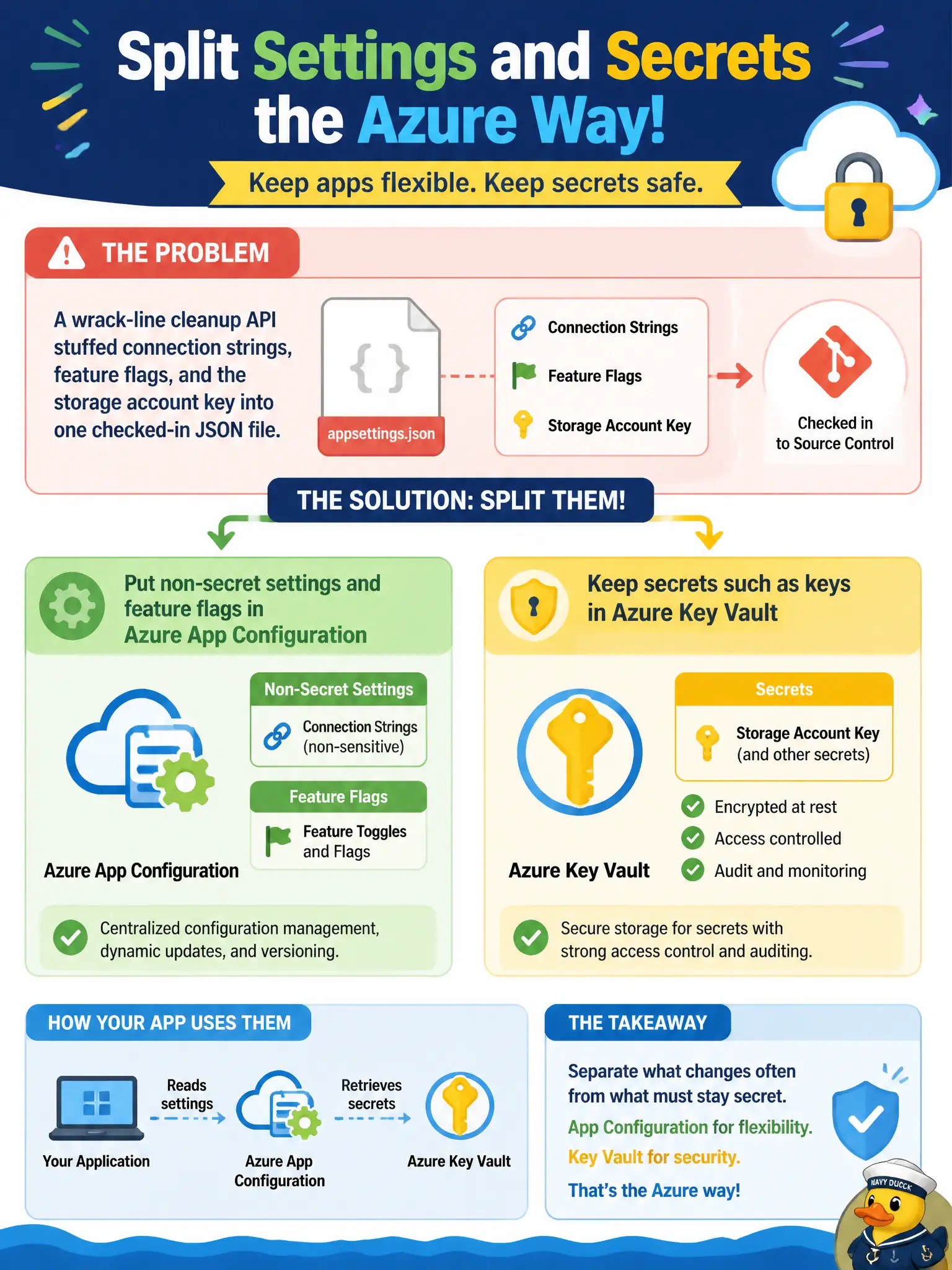 Config split: non-secret settings and feature flags in Azure App Configuration; keys and secrets in Key Vault.