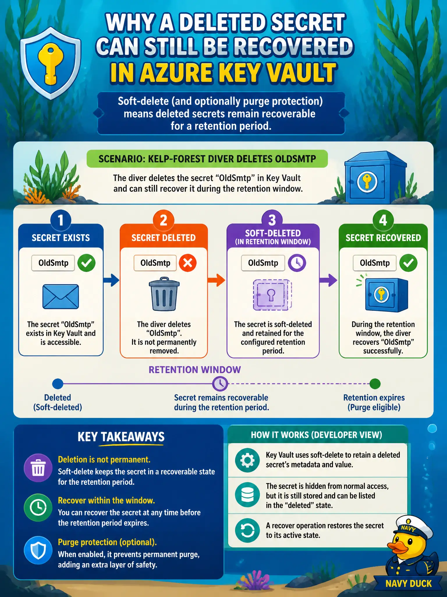 Soft-delete: deleted Key Vault secrets stay recoverable during the retention period; purge protection extends that further.