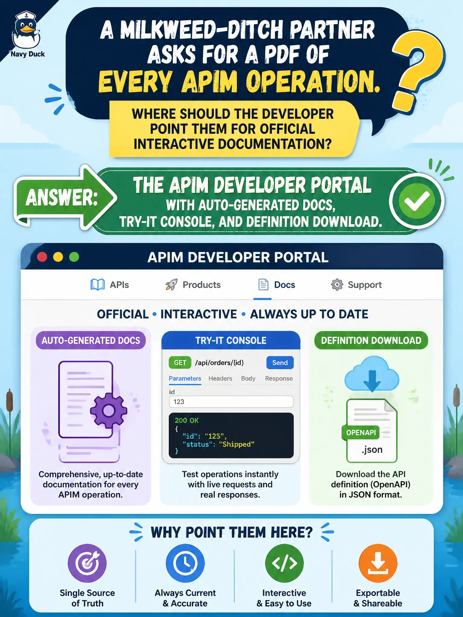 The APIM developer portal provides auto-generated docs, a try-it console, and API definition downloads for partners.