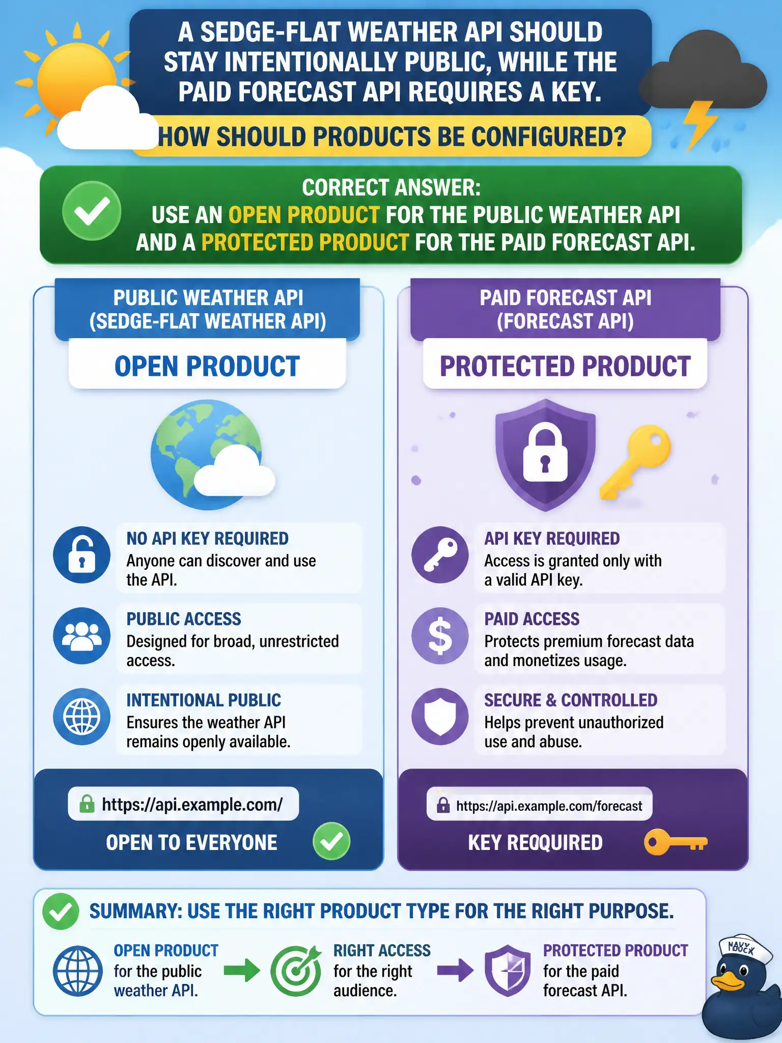 Open products expose APIs without a subscription key; protected products require one, so both can share one gateway.