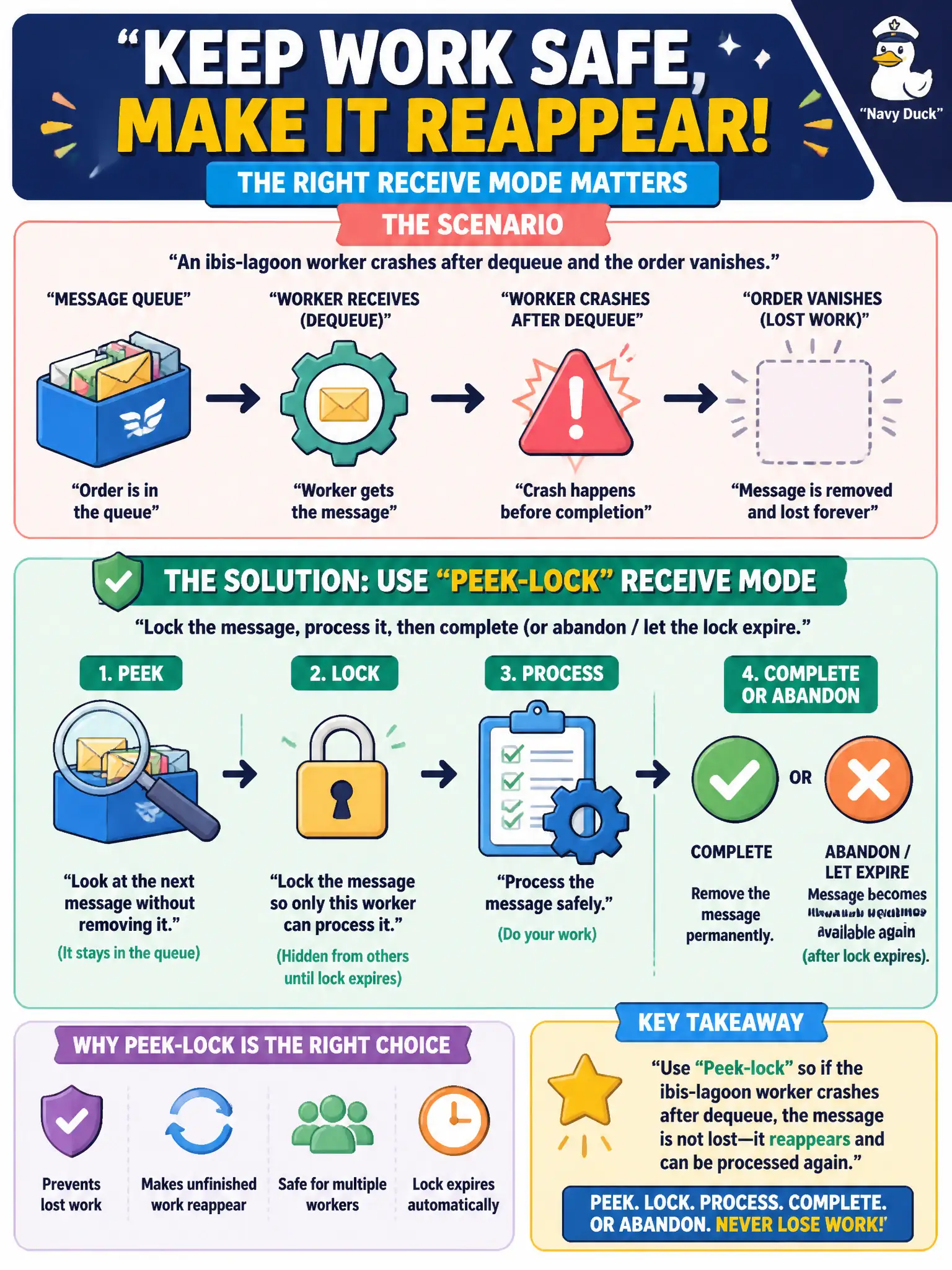 Use peek-lock receive: lock the message, process, then complete; if the worker dies the lock expires and it reappears.