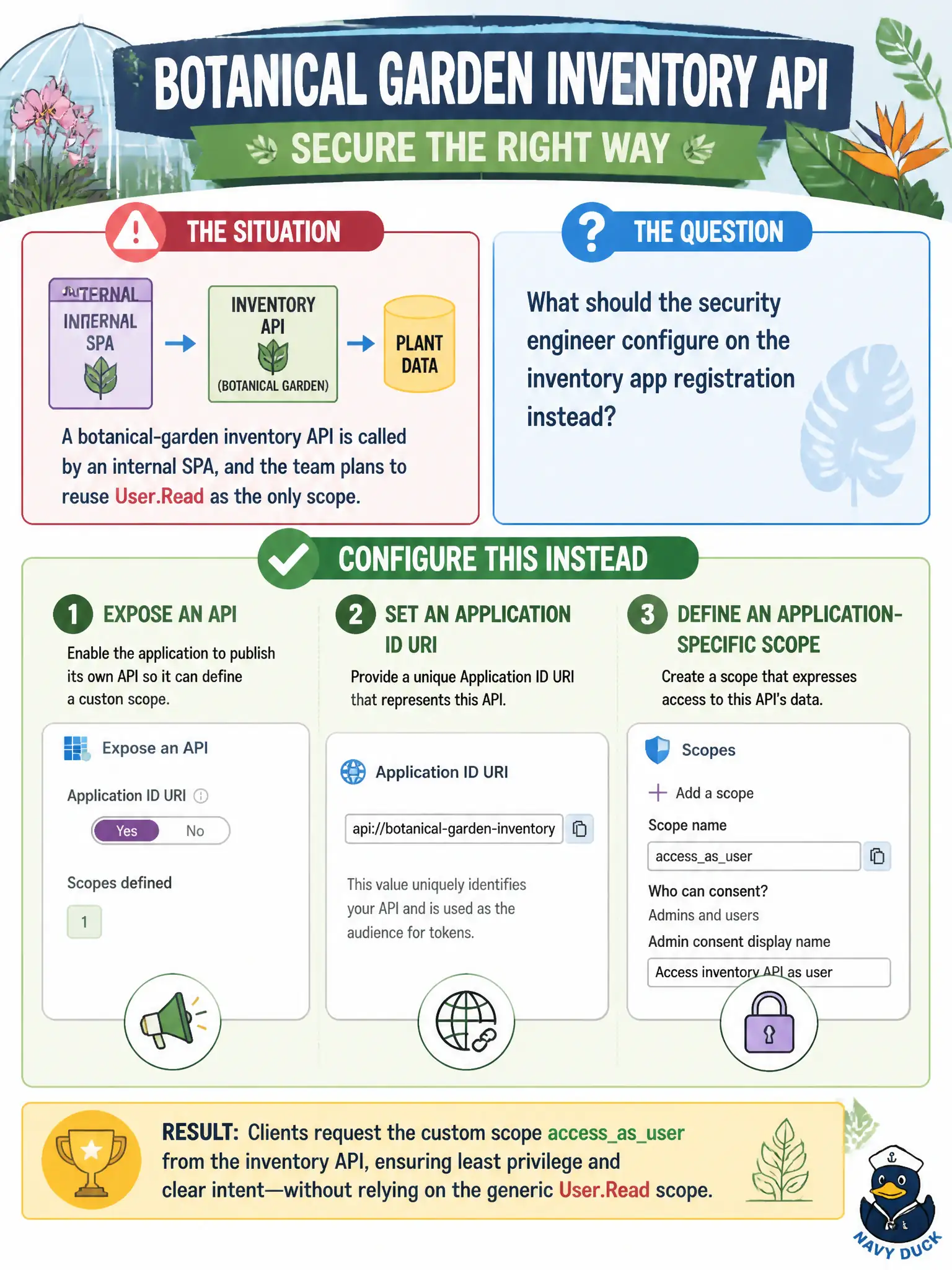 To Create an exciting colorful infographic that explains the concepts in the question: Question: A botanical-garden inventory API is called by an internal SPA, and the team plans to reuse User.Read as the only scope. What should the security engineer configure on the inventory app registration instead? Correct Answer: Expose an API on the inventory app registration, set an application ID URI, and define an application-specific scope such as accessasuser. Put EVERY visible label in double quotes. No people. No A/B/C/D letters. In one of the four corners put a little "Navy Duck".