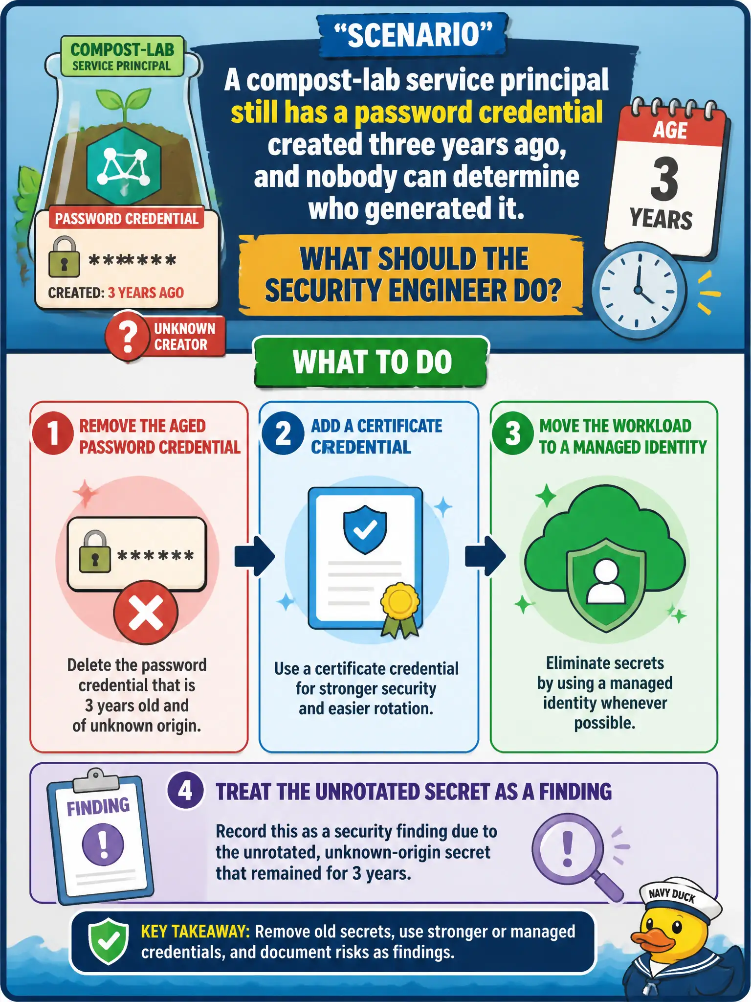 To Create an exciting colorful infographic that explains the concepts in the question: Question: A compost-lab service principal still has a password credential created three years ago, and nobody can determine who generated it. What should the security engineer do? Correct Answer: Remove the aged password credential, add a certificate credential or move the workload to a managed identity, and treat the unrotated secret as a finding. Put EVERY visible label in double quotes. No people. No A/B/C/D letters. In one of the four corners put a little "Navy Duck".